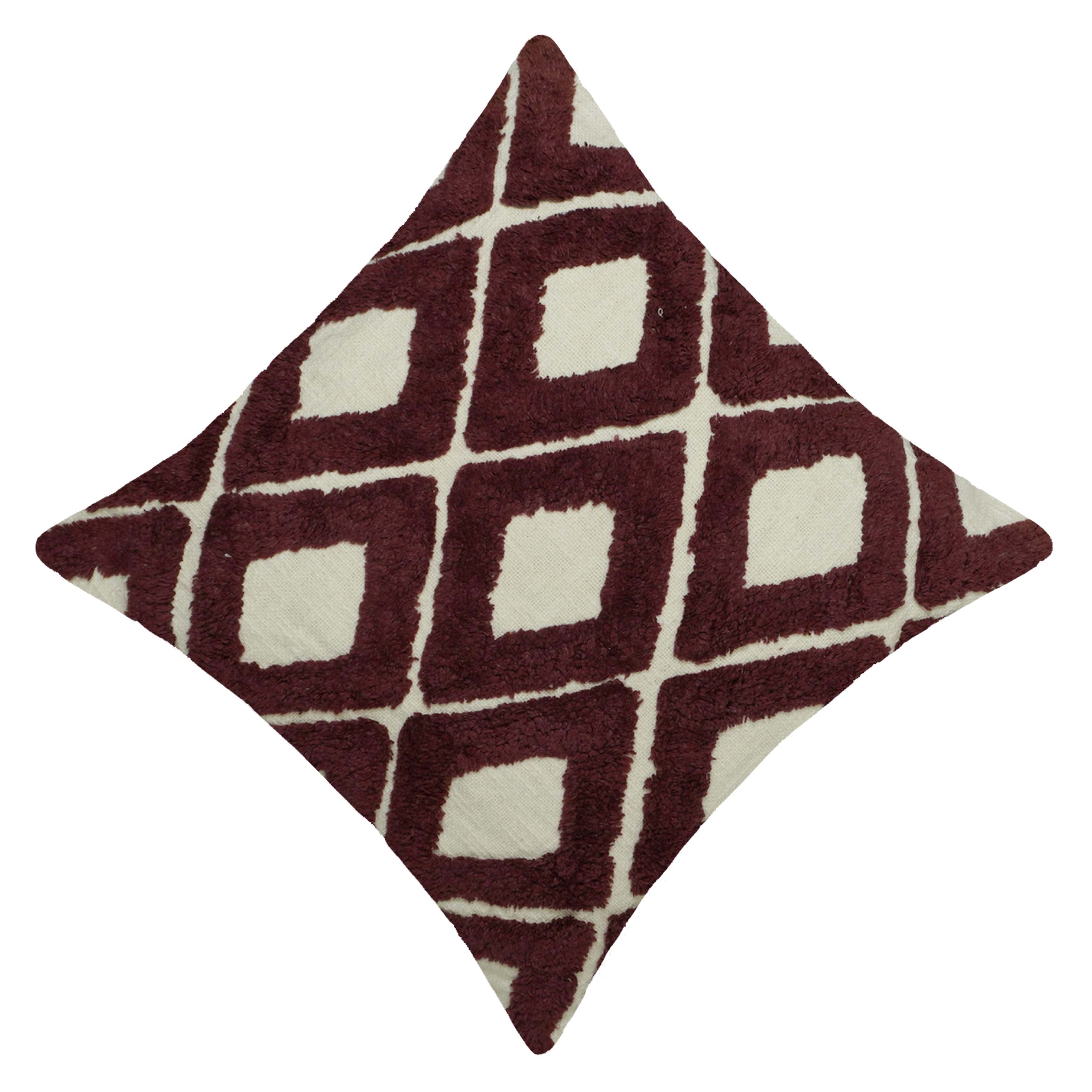 Hand Tufted Geometric Cotton Cushion Cover 45x45 cm | Textured Diamond Pattern | Decorative Throw Pillow Cover with Hidden Zip | Wine & Natural
