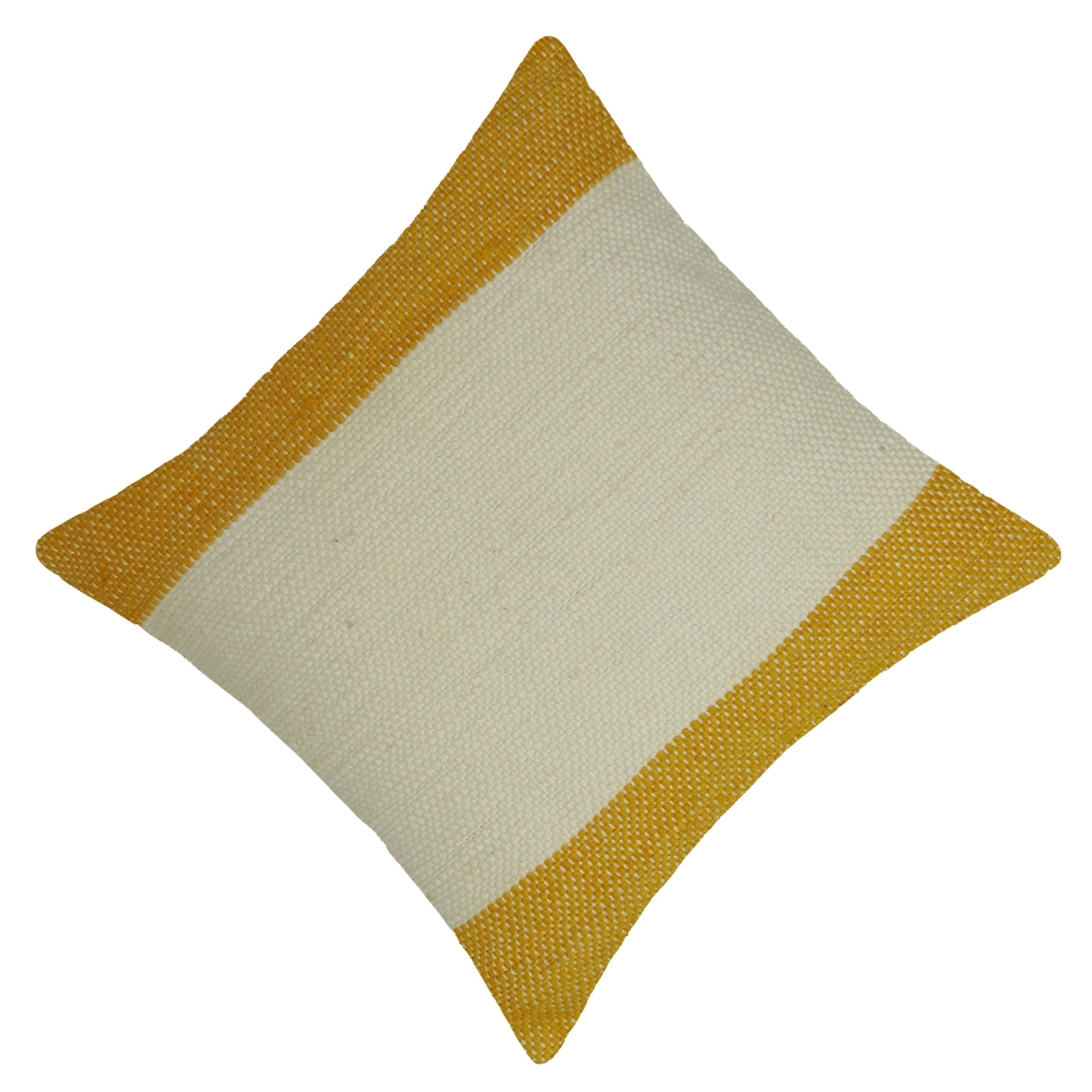 Handwoven Cotton Cushion Cover 45x45 cm | Mustard & Ivory Color Block Decorative Throw Pillow Cover | Modern Boho Sofa Cushion Cover with Hidden Zip
