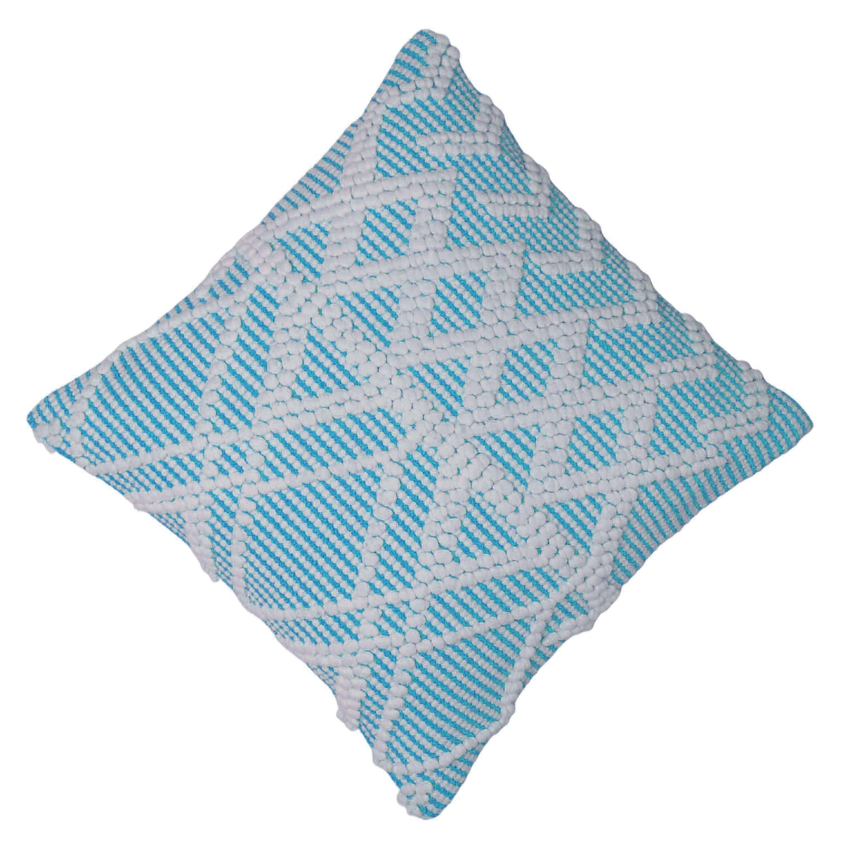 Handwoven Cotton Cushion Cover – Aqua Blue & White Textured Diamond Pattern, 45 x 45 cm