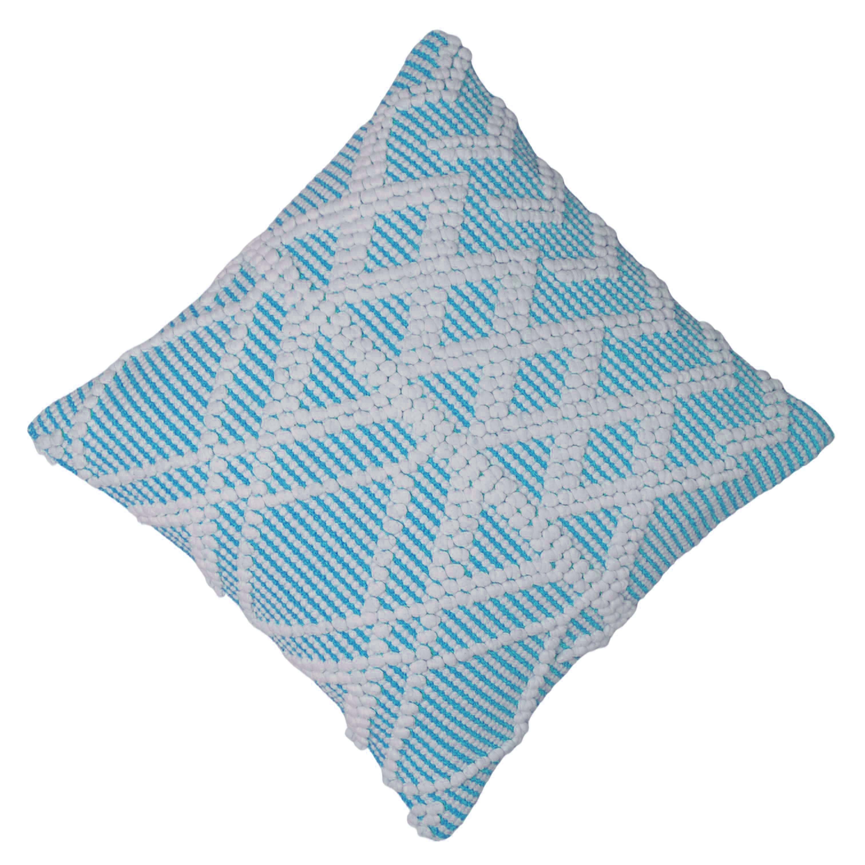 Handwoven Cotton Cushion Cover – Aqua Blue & White Textured Diamond Pattern, 45 x 45 cm