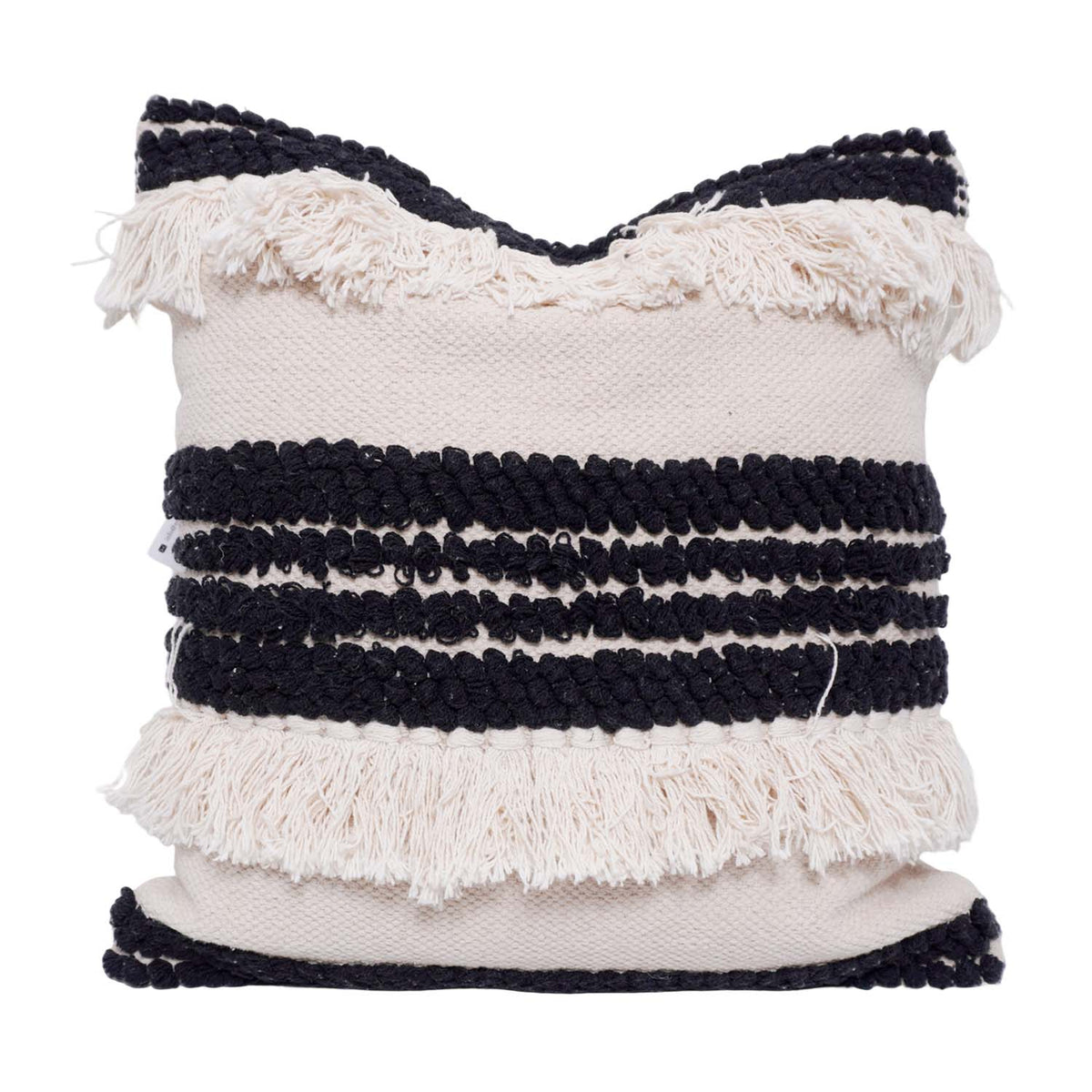 Handmade Cotton Fringe Cushion Cover 45x45 cm | Black & Ivory Textured Boho Throw Pillow Cover | Woven Decorative Cushion Cover - Bulk manufacturer & supplier from Panipat, India