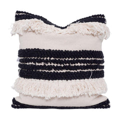 Handmade Cotton Fringe Cushion Cover 45x45 cm | Black & Ivory Textured Boho Throw Pillow Cover | Woven Decorative Cushion Cover