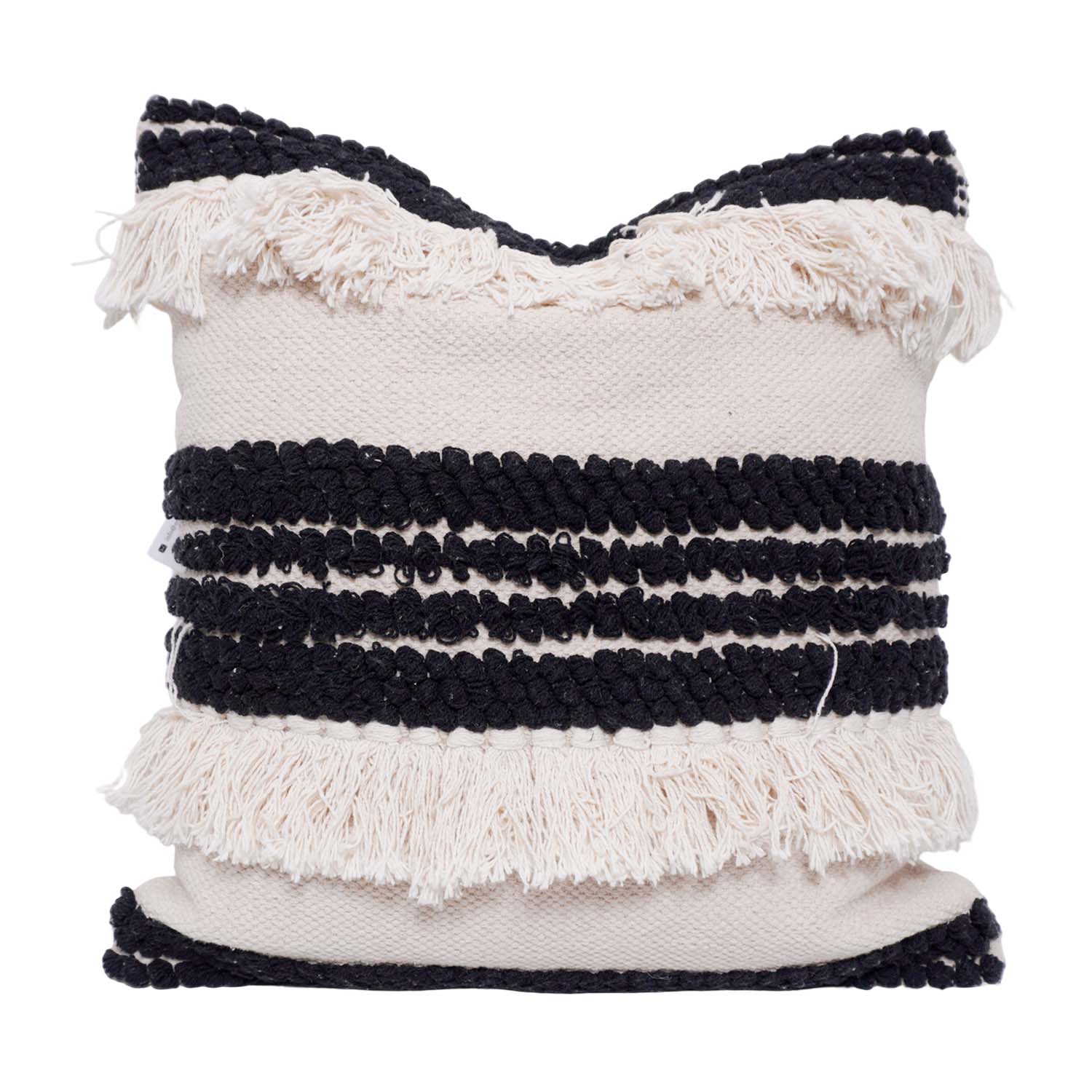 Handmade Cotton Fringe Cushion Cover 45x45 cm | Black & Ivory Textured Boho Throw Pillow Cover | Woven Decorative Cushion Cover