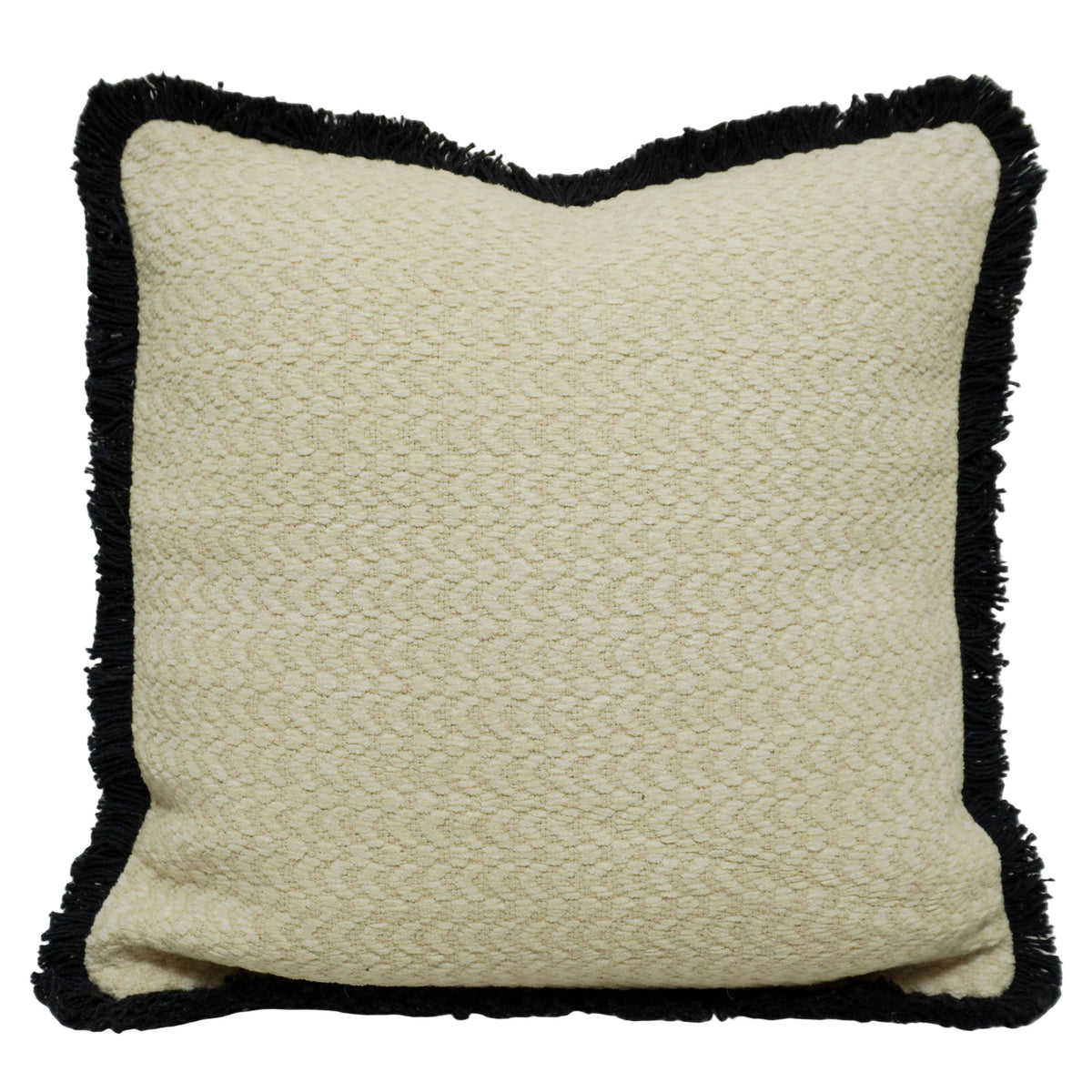 Handmade Textured Cotton Cushion Cover with Black Fringe Border | 45 x 45 cm | Soft Tufted Decorative Throw Pillow Cover | Ivory & Black