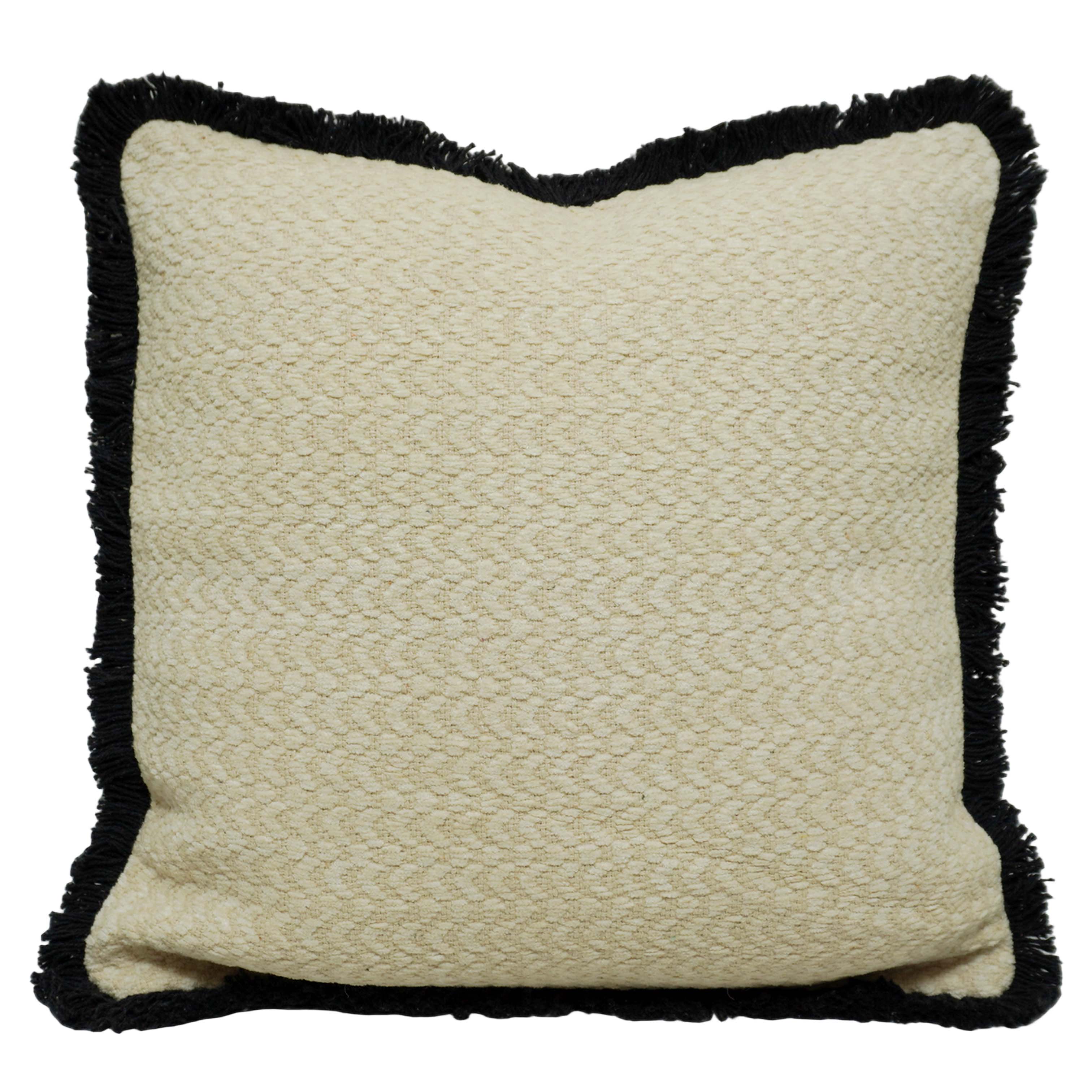 Handmade Textured Cotton Cushion Cover with Black Fringe Border | 45 x 45 cm | Soft Tufted Decorative Throw Pillow Cover | Ivory & Black