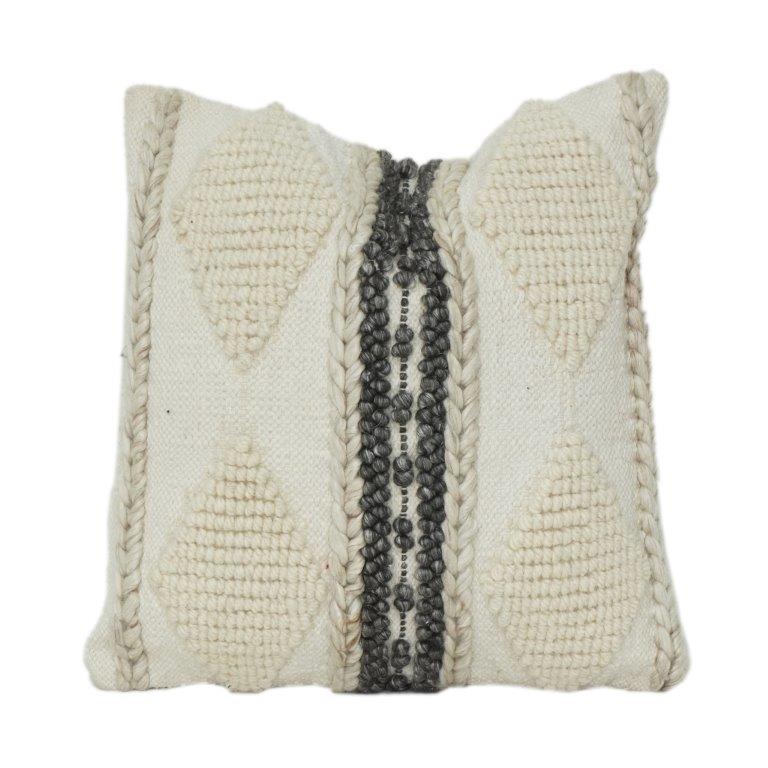 Textured Geometric Polyester Cushion Cover 45x45 cm | Cream Woven Decorative Pillow Cover with Central Stripe Design