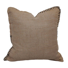 Handcrafted Embroidered Cotton Cushion Cover 45x45 cm | Natural Beige Decorative Throw Pillow Cover with Black Blanket Stitch | Modern Minimalist Home Décor