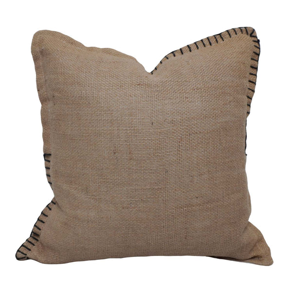Handcrafted Embroidered Cotton Cushion Cover 45x45 cm | Natural Beige Decorative Throw Pillow Cover with Black Blanket Stitch | Modern Minimalist Home Décor