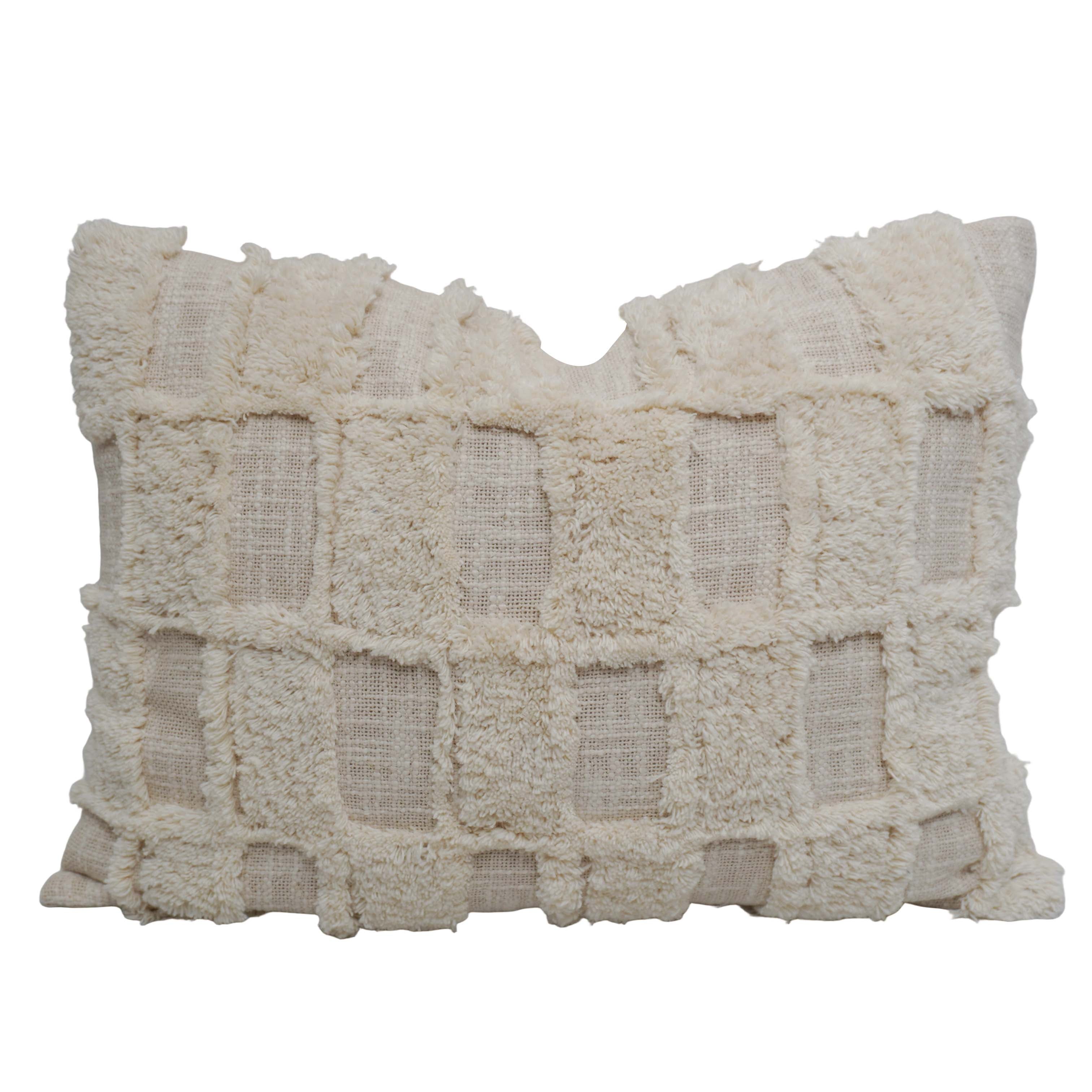Handcrafted Cotton Tufted Cushion Cover 35 x 50 cm | Textured Checkered Boho Lumbar Pillow Cover | Soft Decorative Cushion Cover with Hidden Zipper | Ivory
