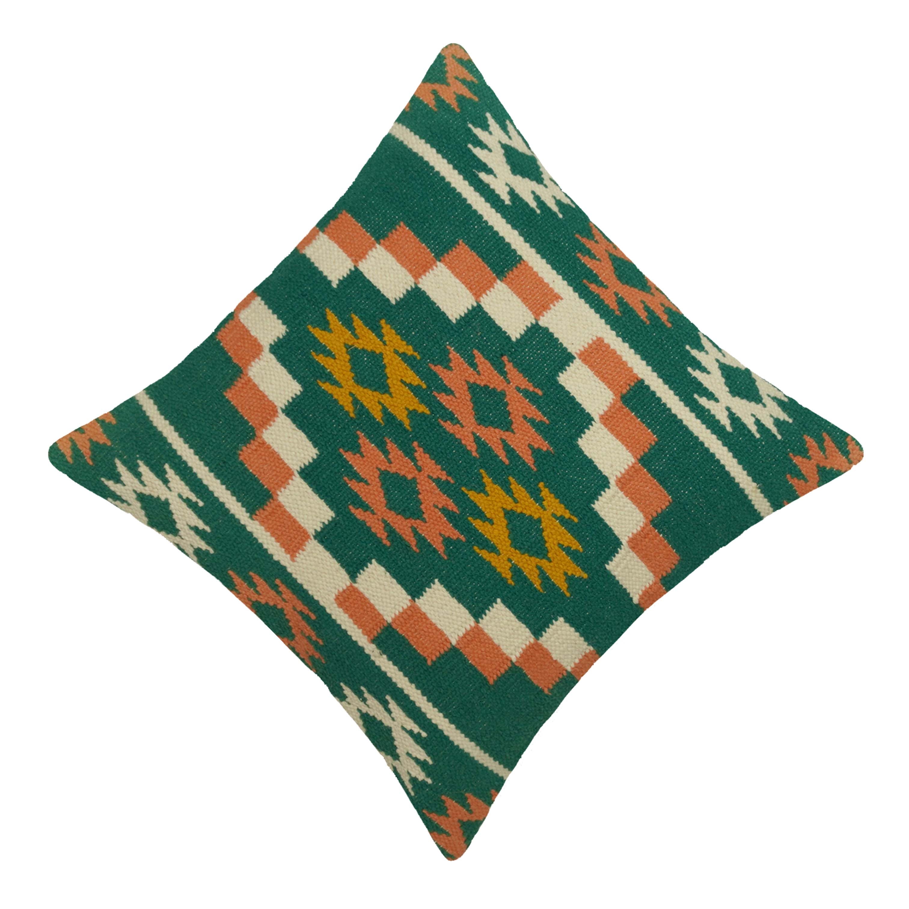 Handwoven Cotton Cushion Cover 45x45 cm – Geometric Tribal Pattern in Teal, Rust & Mustard