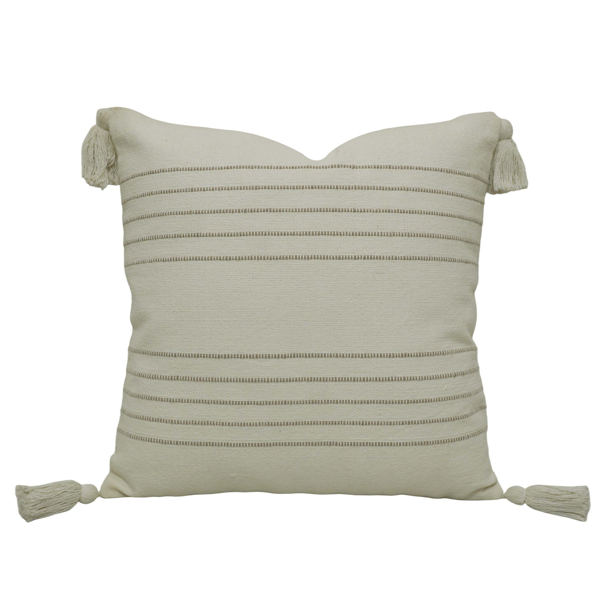 Handwoven Cotton Cushion Cover 45x45 cm | Ivory Textured Striped Cushion Cover with Corner Tassels | Boho Farmhouse Decorative Throw Pillow Cover | Hidden Zipper | 18x18 Inch
