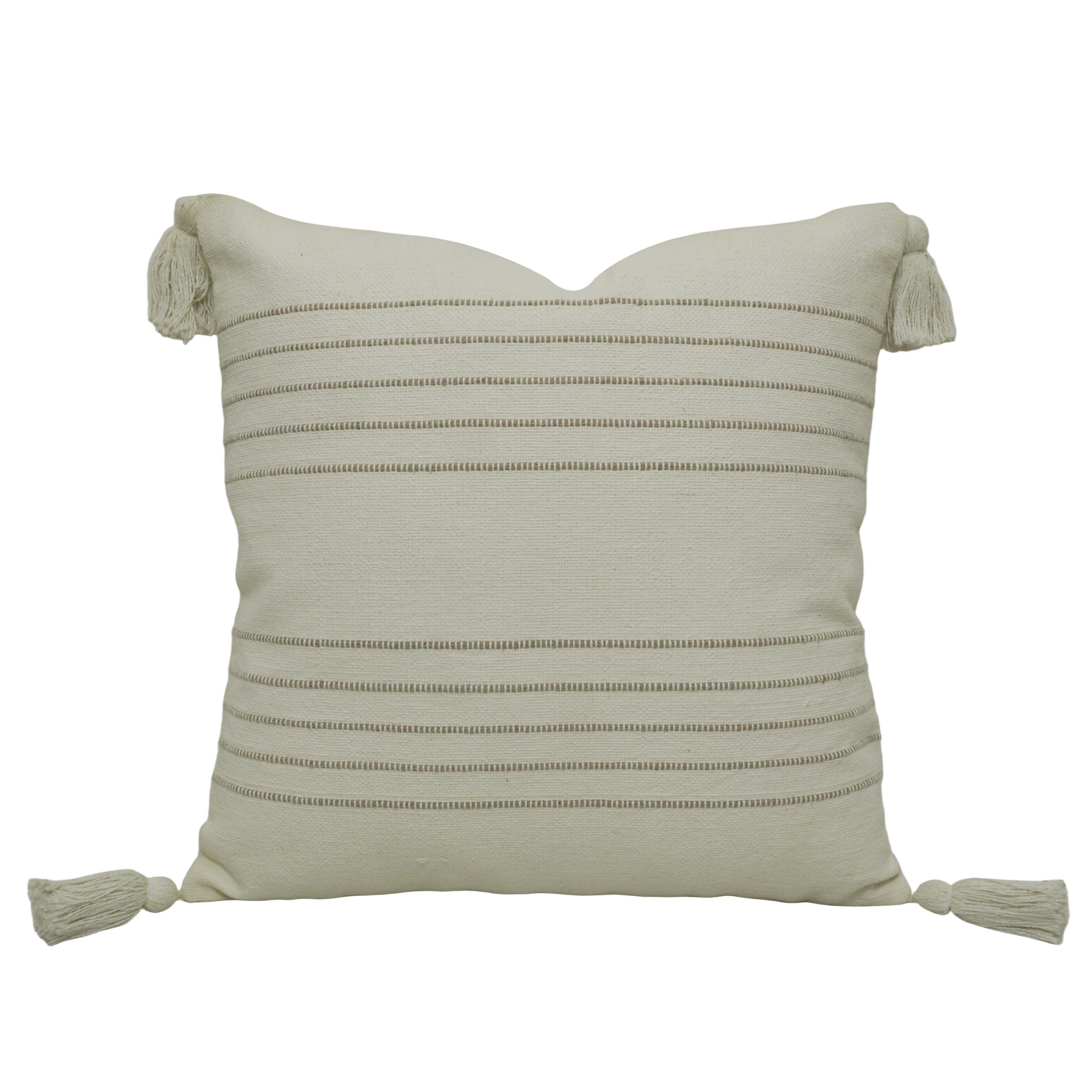 Handwoven Cotton Cushion Cover 45x45 cm | Ivory Textured Striped Cushion Cover with Corner Tassels | Boho Farmhouse Decorative Throw Pillow Cover | Hidden Zipper | 18x18 Inch