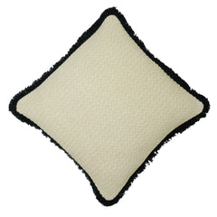 Handmade Textured Cotton Cushion Cover with Black Fringe Border | 45 x 45 cm | Soft Tufted Decorative Throw Pillow Cover | Ivory & Black