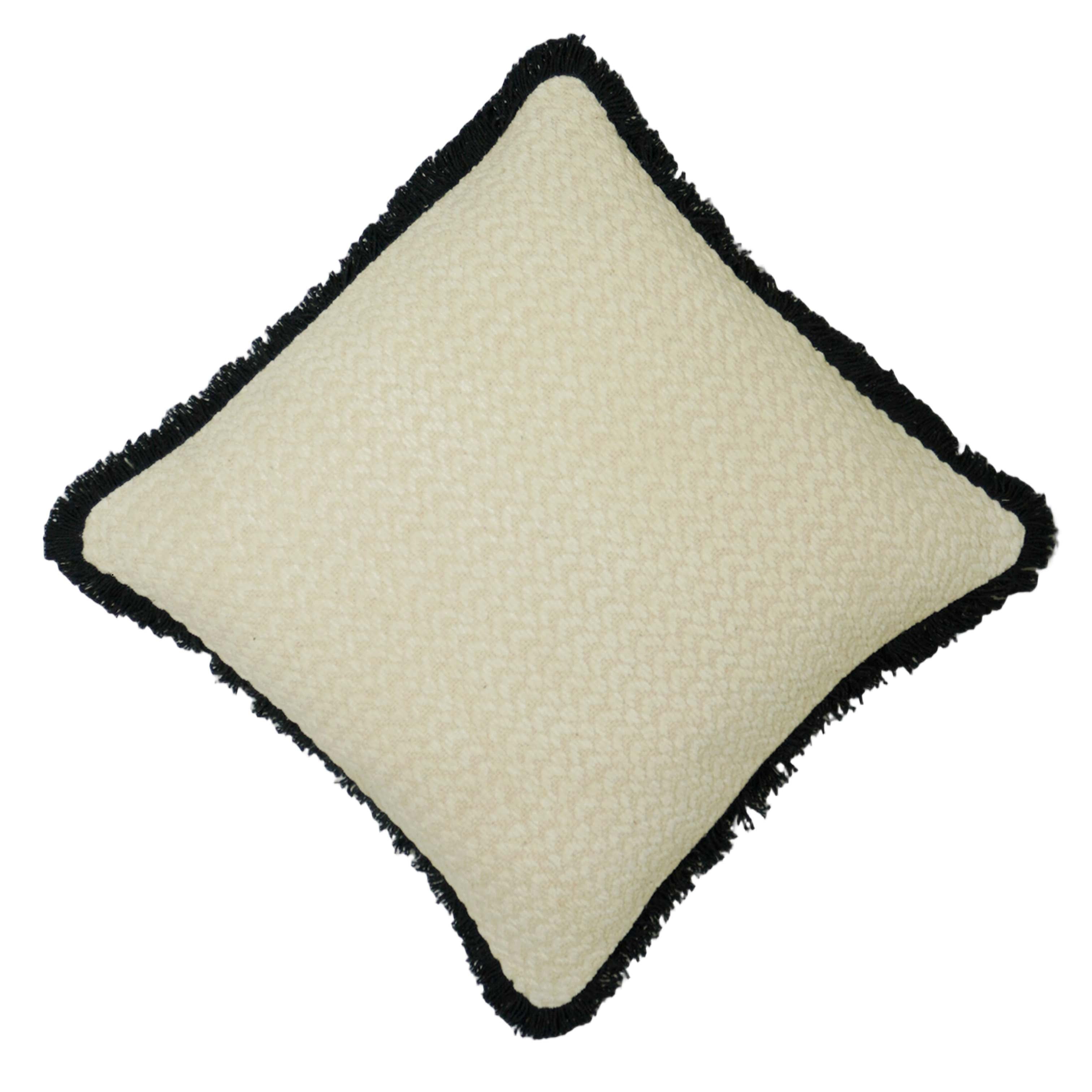 Handmade Textured Cotton Cushion Cover with Black Fringe Border | 45 x 45 cm | Soft Tufted Decorative Throw Pillow Cover | Ivory & Black