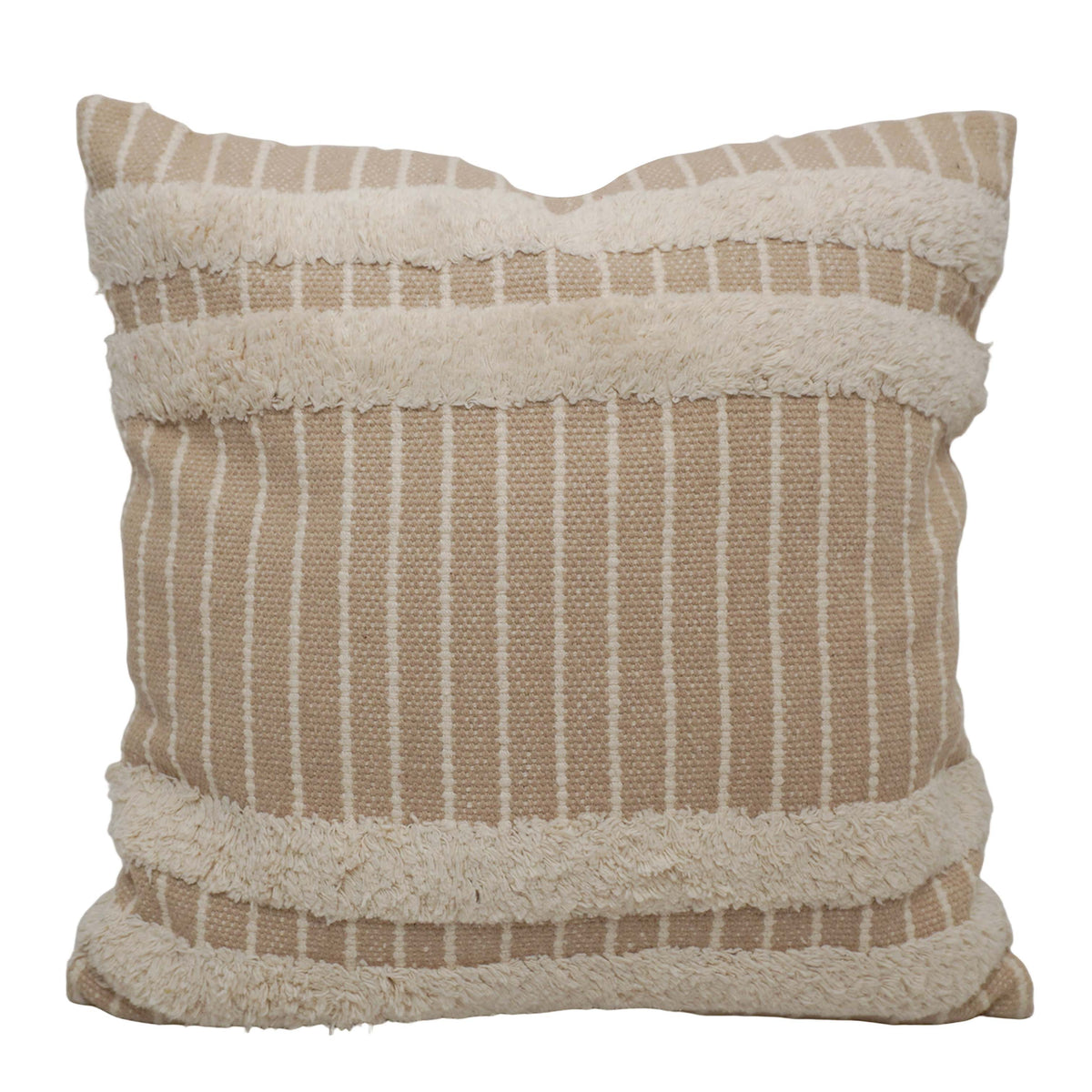 Handwoven Cotton Tufted Cushion Cover 45x45 cm | Beige & Ivory Striped Textured Throw Pillow Cover | Boho Farmhouse Decorative Cushion Cover - Bulk manufacturer & supplier from Panipat, India