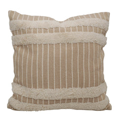 Handwoven Cotton Tufted Cushion Cover 45x45 cm | Beige & Ivory Striped Textured Throw Pillow Cover | Boho Farmhouse Decorative Cushion Cover