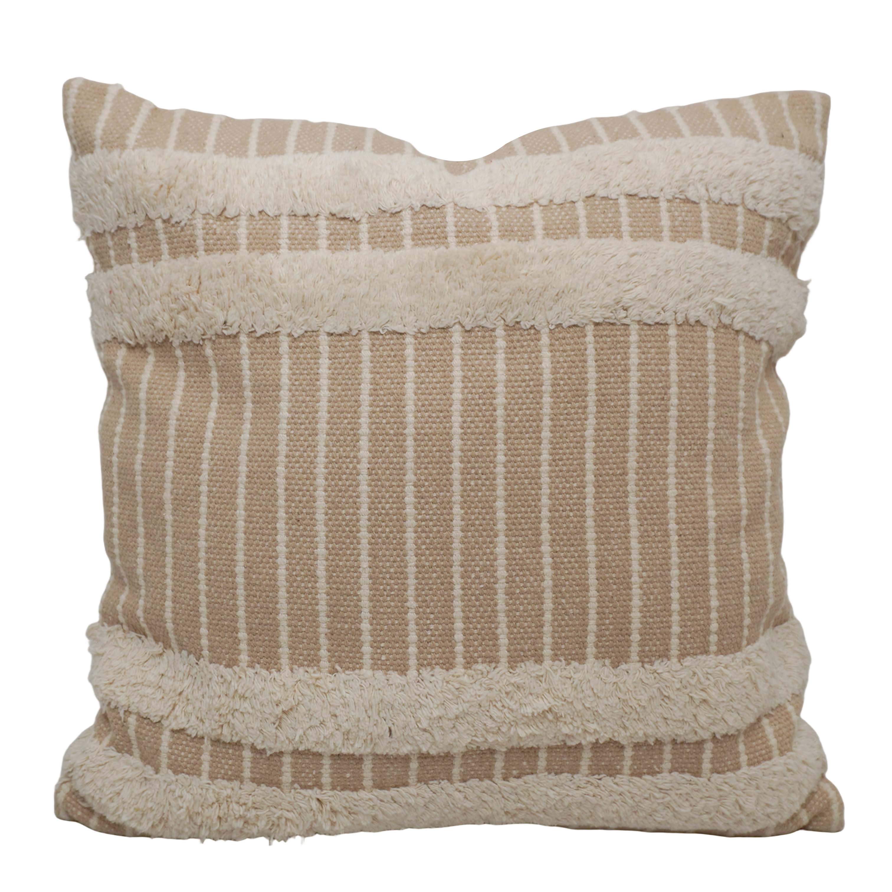 Handwoven Cotton Tufted Cushion Cover 45x45 cm | Beige & Ivory Striped Textured Throw Pillow Cover | Boho Farmhouse Decorative Cushion Cover