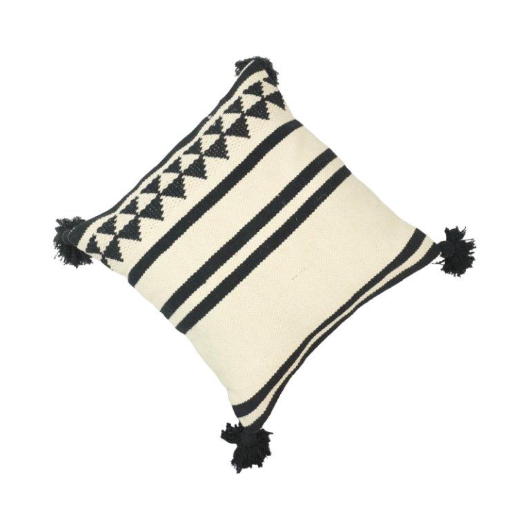 Handmade Black & Ivory Geometric Cotton Cushion Cover with Tassels | 45x45 cm Decorative Throw Pillow - Bulk manufacturer & supplier from Panipat, India