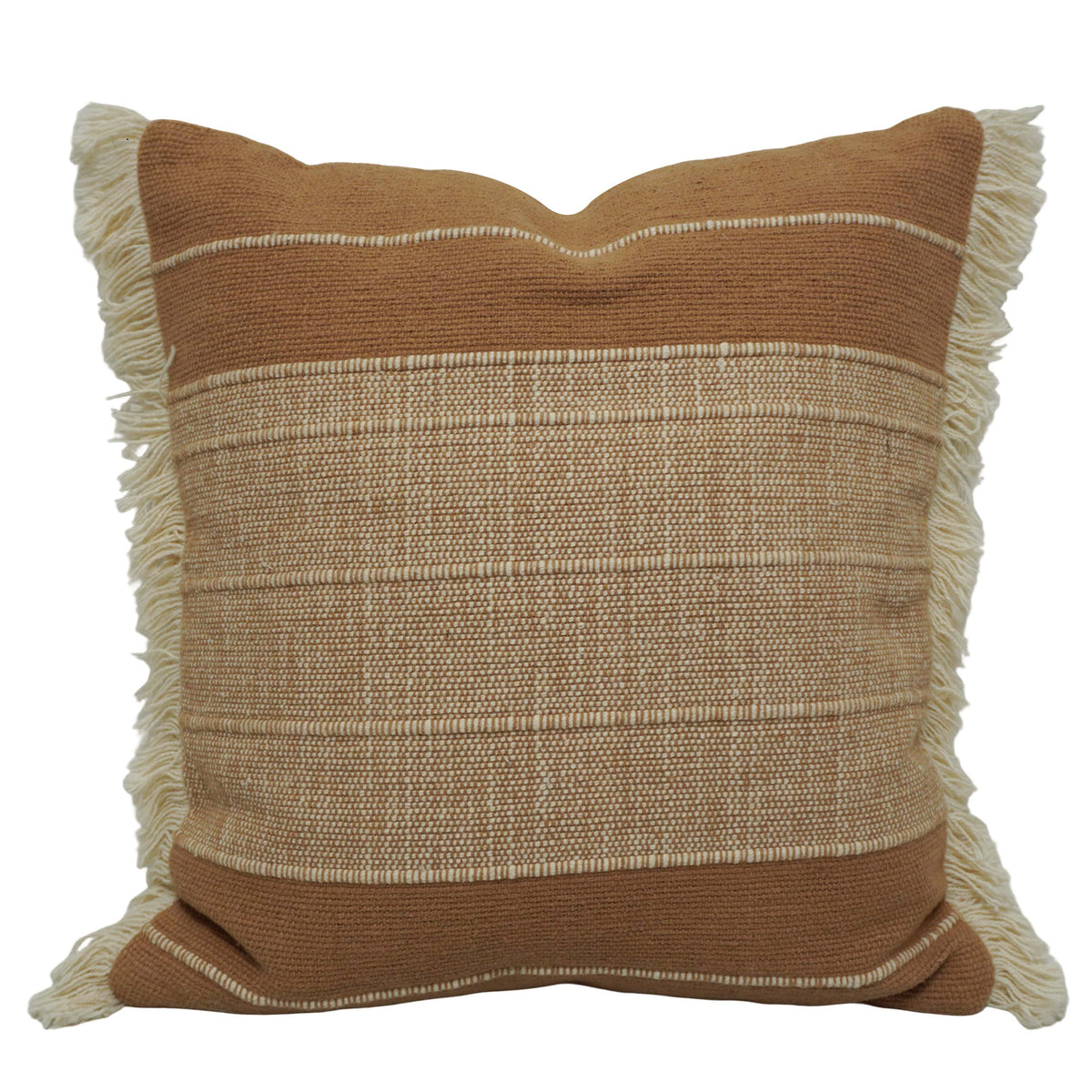 Handwoven Cotton Cushion Cover with Fringe Border | Textured Woven Stripe Design | 45 x 45 cm | Decorative Throw Pillow Cover for Sofa, Bed & Living Room