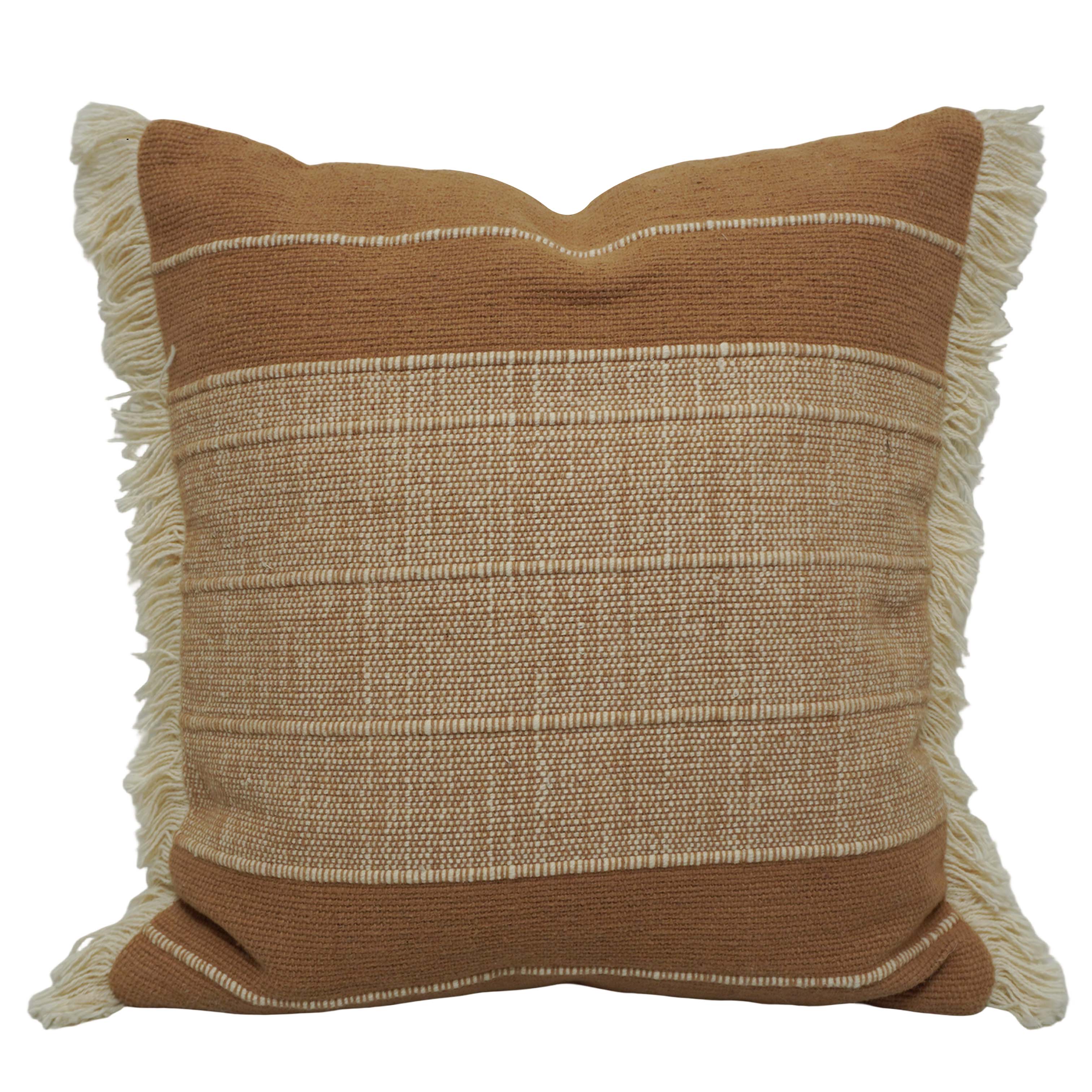 Handwoven Cotton Cushion Cover with Fringe Border | Textured Woven Stripe Design | 45 x 45 cm | Decorative Throw Pillow Cover for Sofa, Bed & Living Room