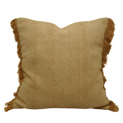 Handwoven Cotton Cushion Cover with Fringe Edges – Mustard Herringbone Pattern | 45 x 45 cm | Decorative Sofa & Bed Cushion Cover