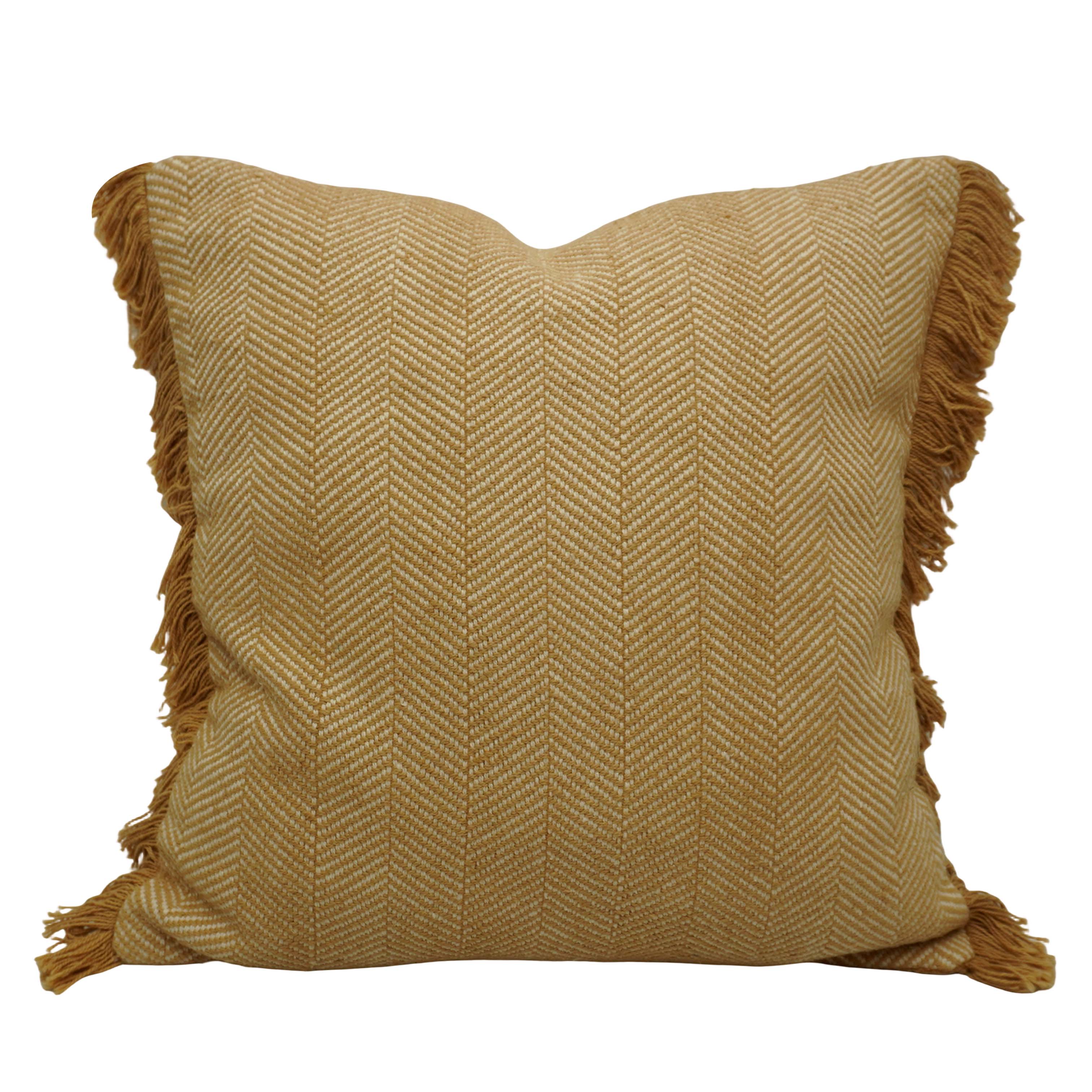 Handwoven Cotton Cushion Cover with Fringe Edges – Mustard Herringbone Pattern | 45 x 45 cm | Decorative Sofa & Bed Cushion Cover