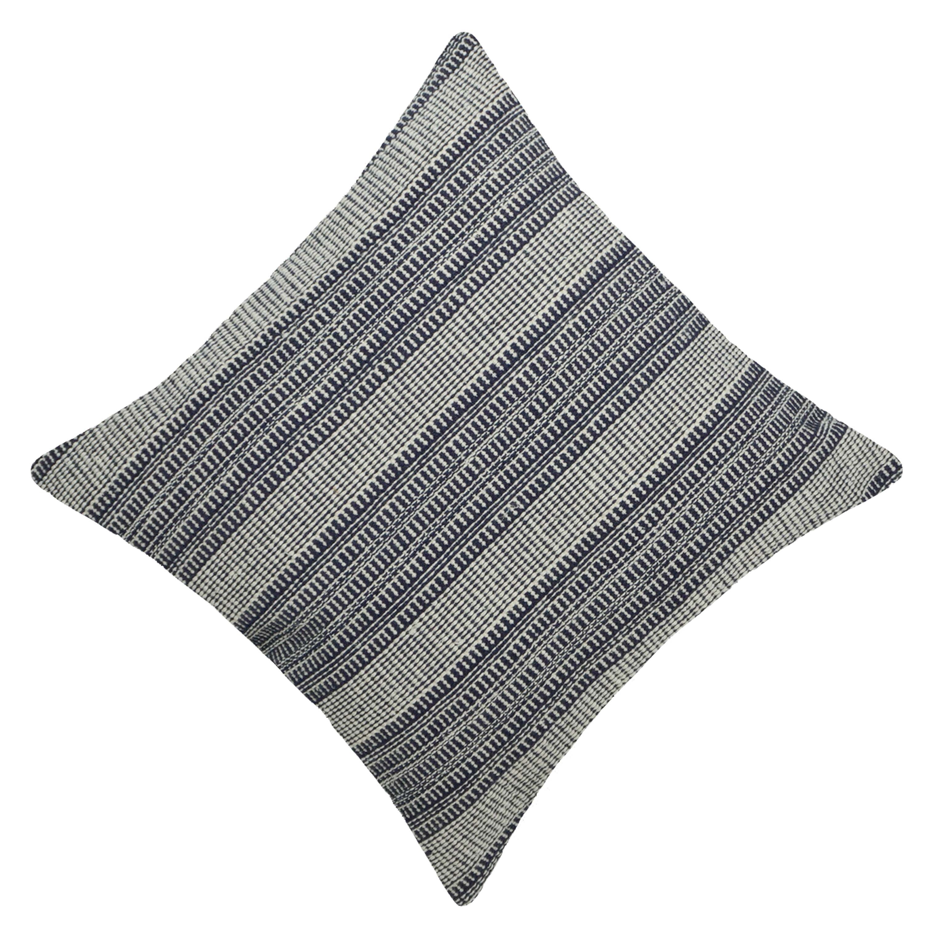 Handwoven Cotton Striped Cushion Cover 45x45 cm | Woven Textured Throw Pillow Cover | Blue & Ivory Decorative Cushion Cover | Hidden Zipper