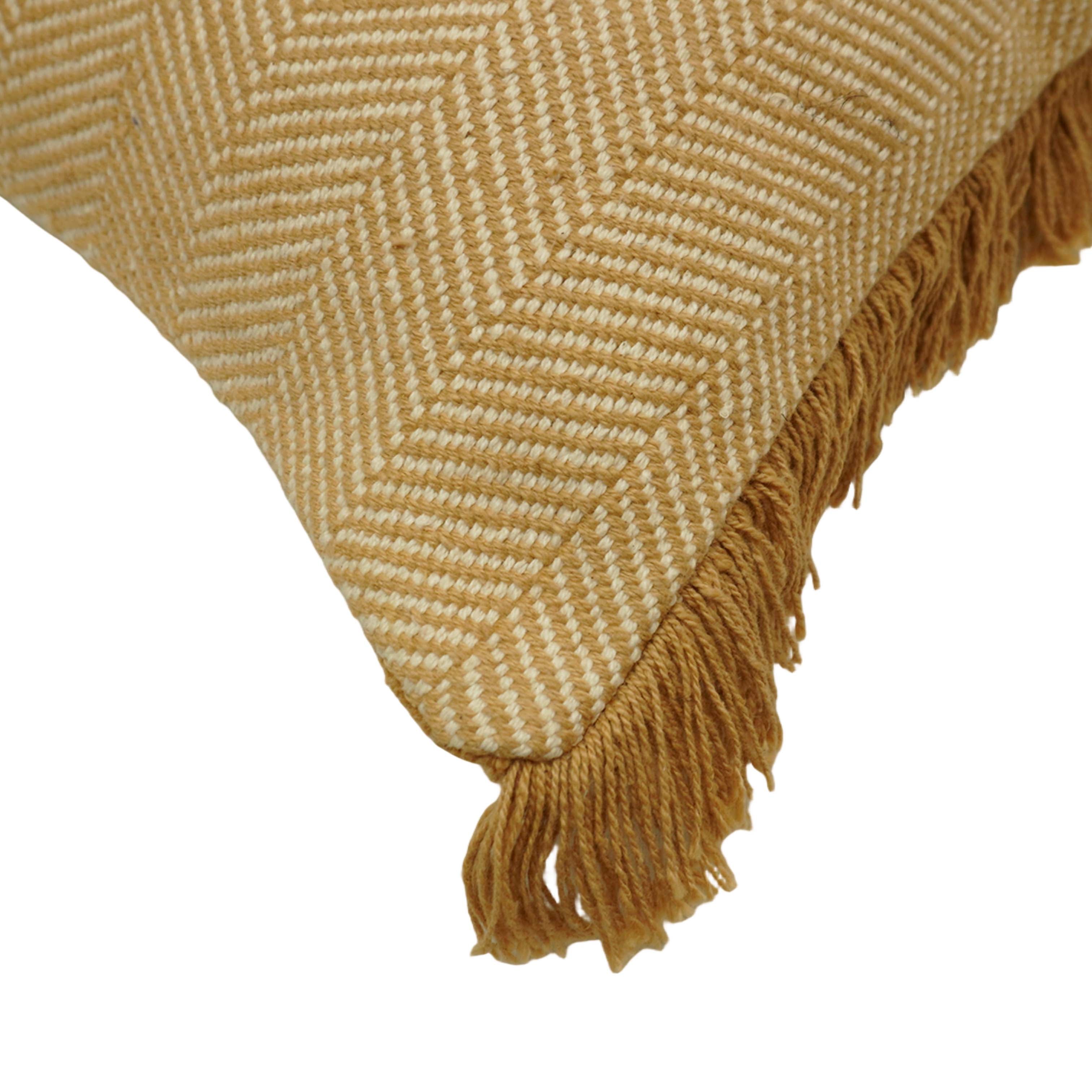 Handwoven Cotton Cushion Cover with Fringe Edges – Mustard Herringbone Pattern | 45 x 45 cm | Decorative Sofa & Bed Cushion Cover