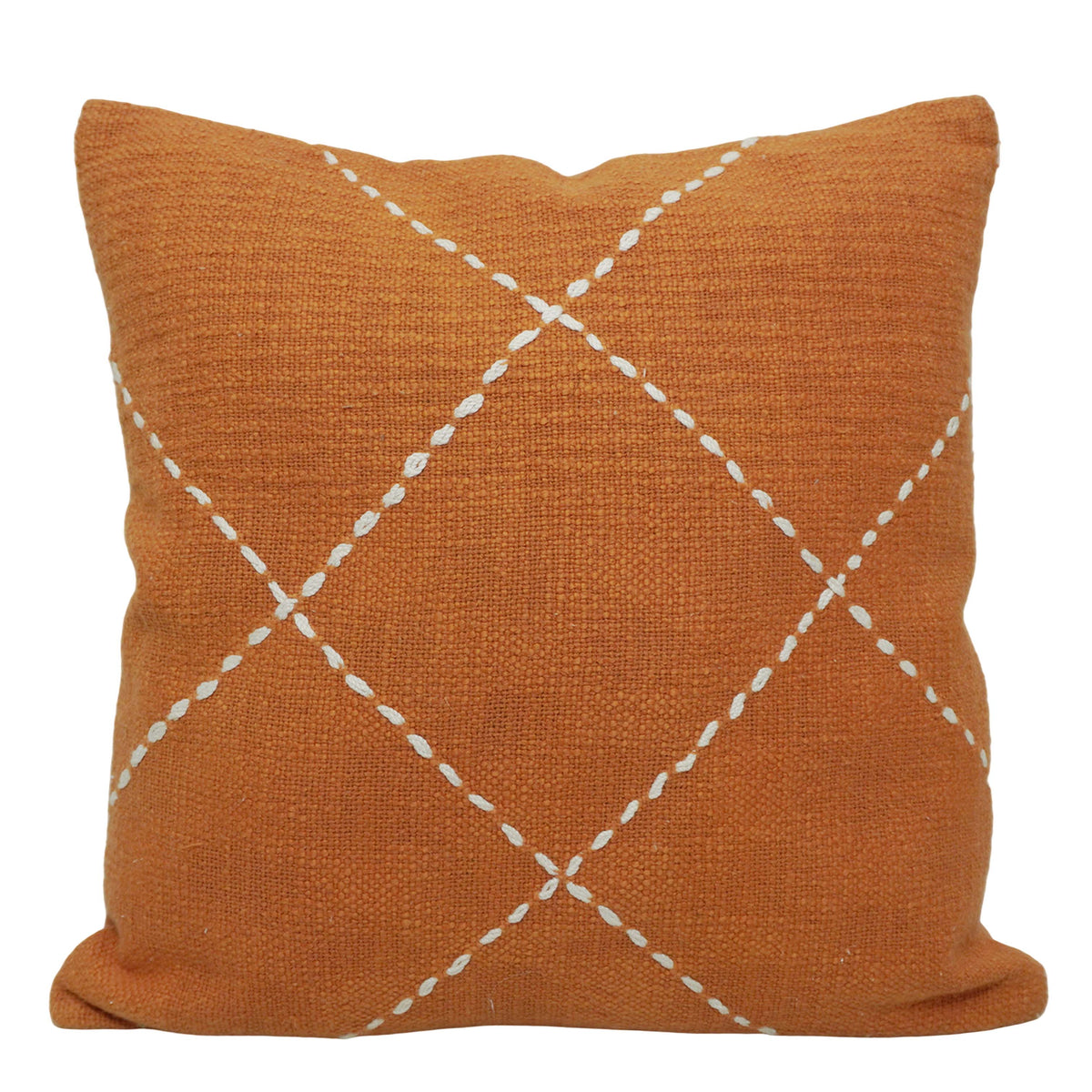 Hand Embroidered Cotton Cushion Cover – Rust Orange Geometric Diamond Design, 45 x 45 cm