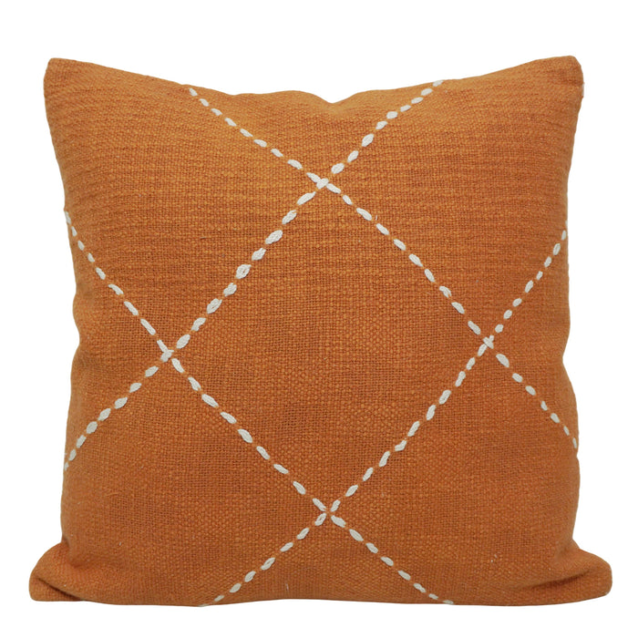Hand Embroidered Cotton Cushion Cover – Rust Orange Geometric Diamond Design, 45 x 45 cm