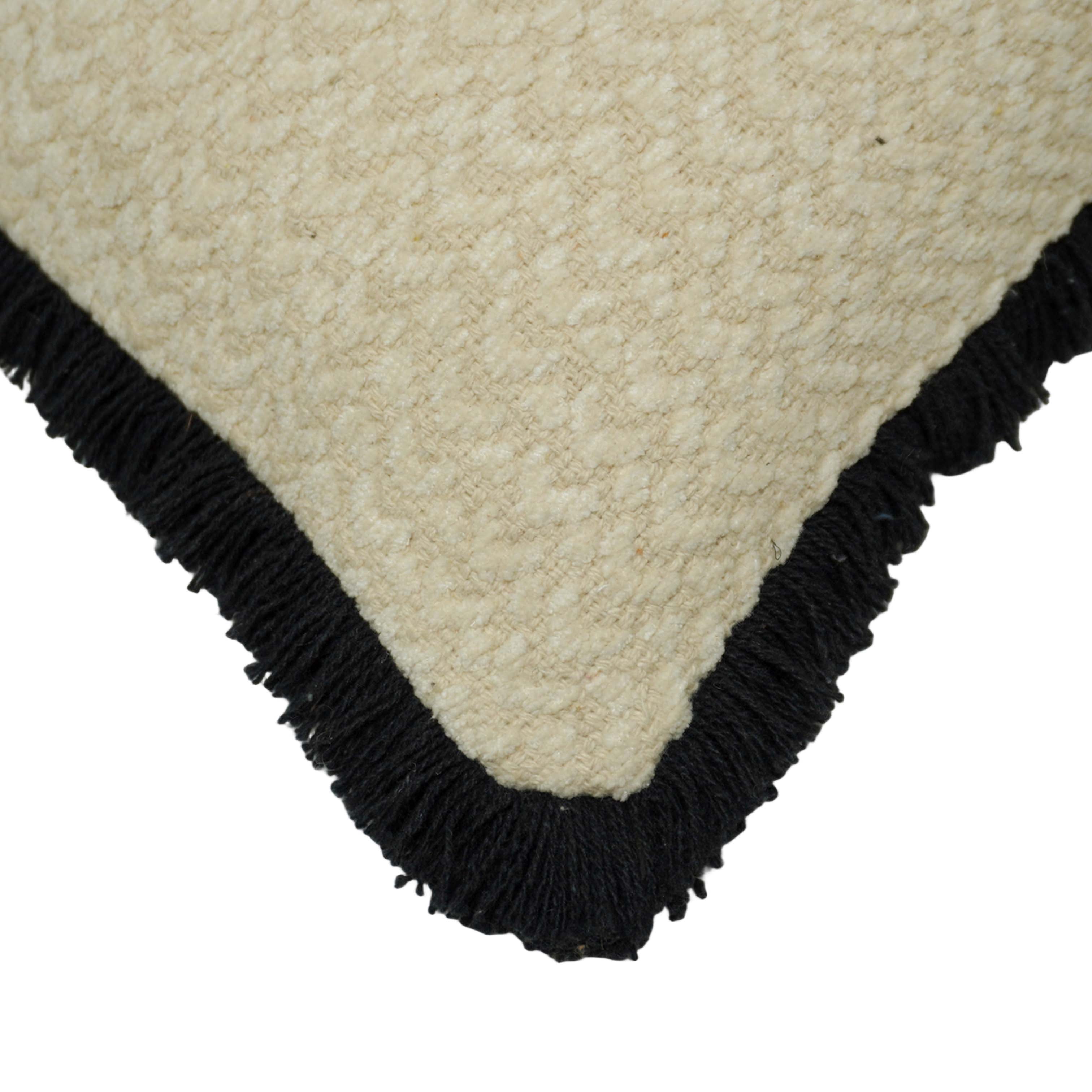 Handmade Textured Cotton Cushion Cover with Black Fringe Border | 45 x 45 cm | Soft Tufted Decorative Throw Pillow Cover | Ivory & Black