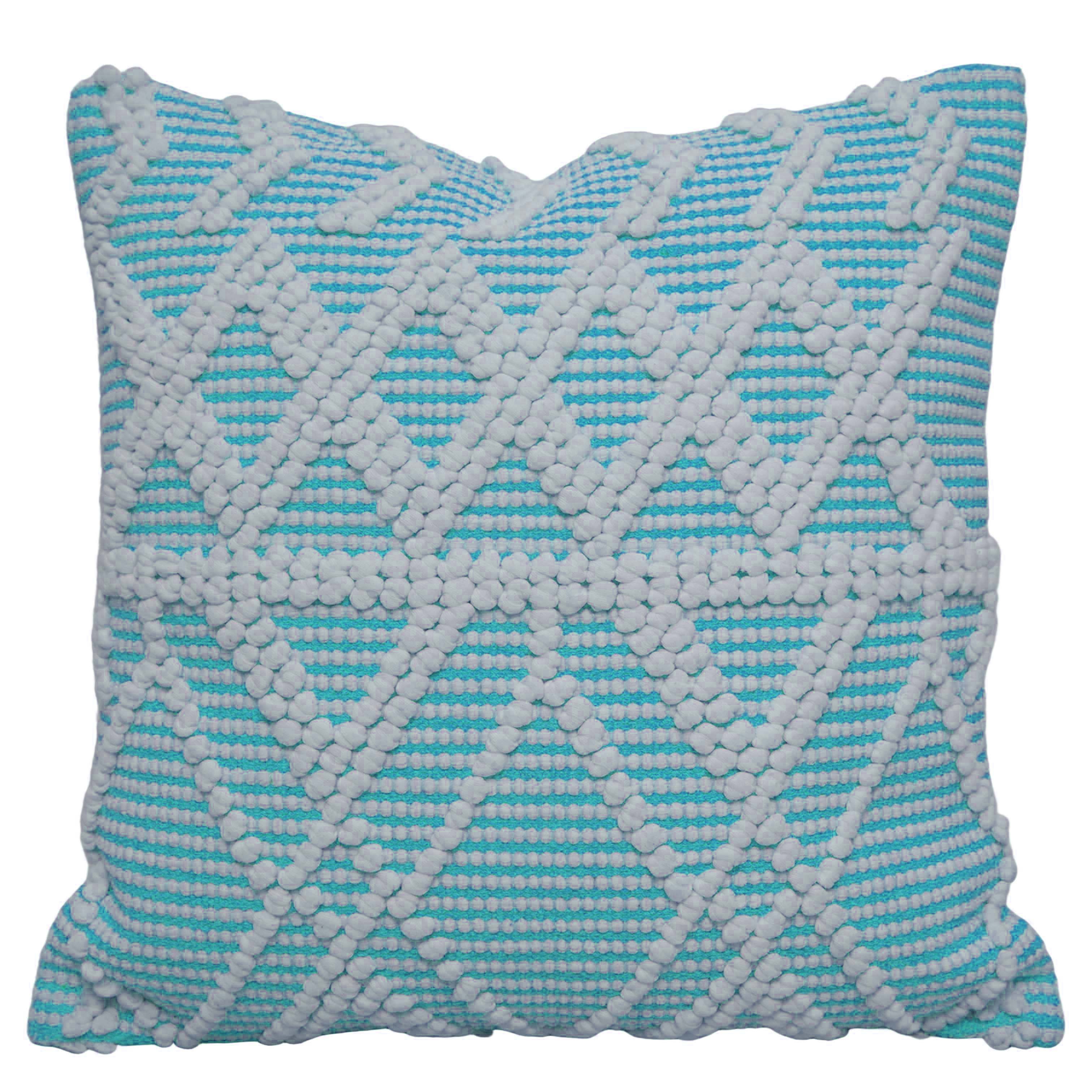Handwoven Cotton Cushion Cover – Aqua Blue & White Textured Diamond Pattern, 45 x 45 cm