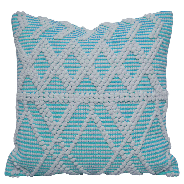 Handwoven Cotton Cushion Cover – Aqua Blue & White Textured Diamond Pattern, 45 x 45 cm