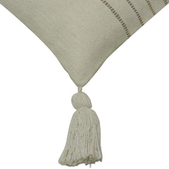 Handwoven Cotton Cushion Cover 45x45 cm | Ivory Textured Striped Cushion Cover with Corner Tassels | Boho Farmhouse Decorative Throw Pillow Cover | Hidden Zipper | 18x18 Inch