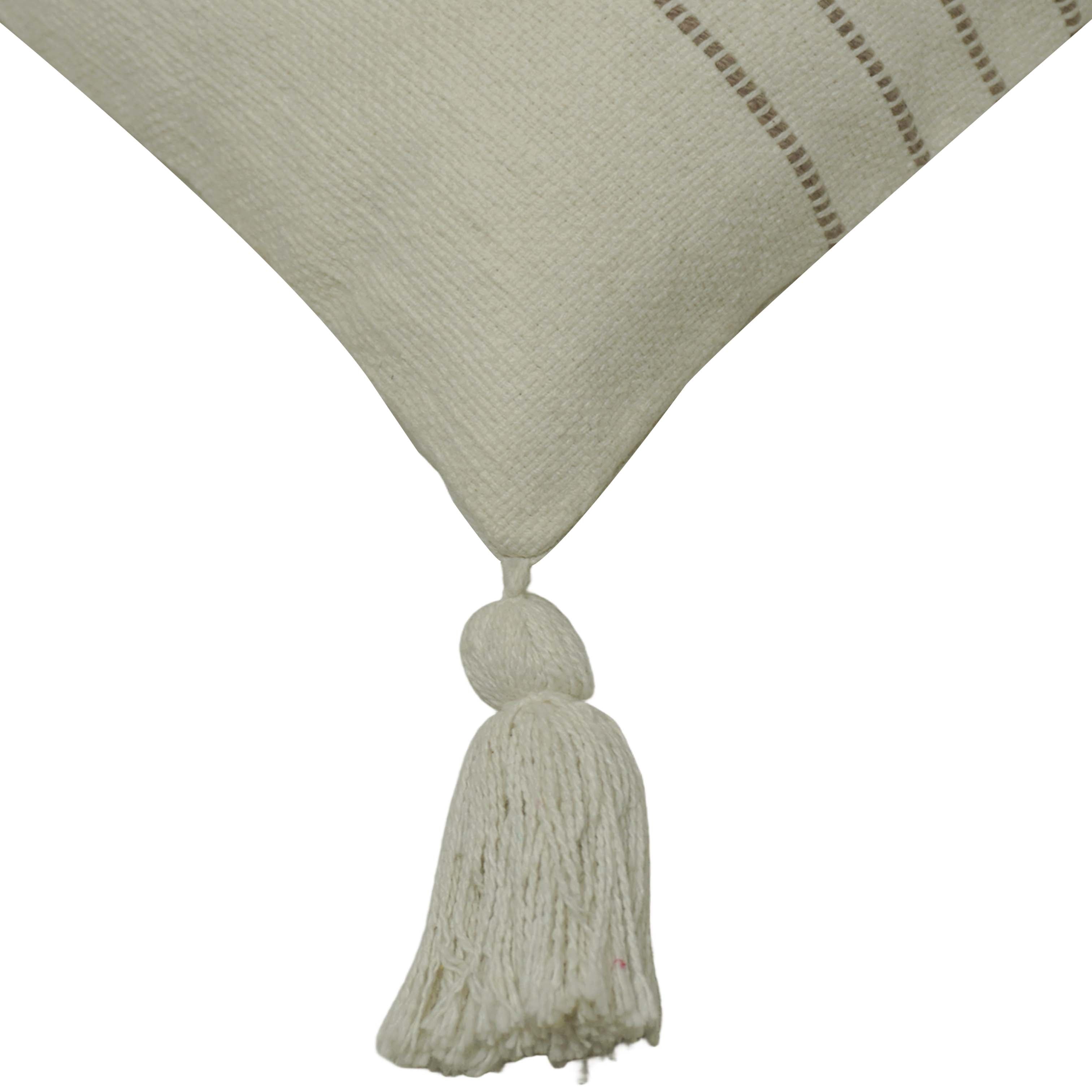 Handwoven Cotton Cushion Cover 45x45 cm | Ivory Textured Striped Cushion Cover with Corner Tassels | Boho Farmhouse Decorative Throw Pillow Cover | Hidden Zipper | 18x18 Inch