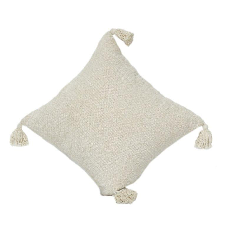 Minimalist Off-White Cotton Cushion Cover with Tassels | Handwoven Textured Pillow Cover | Boho Neutral Decor | 18x18 Inch