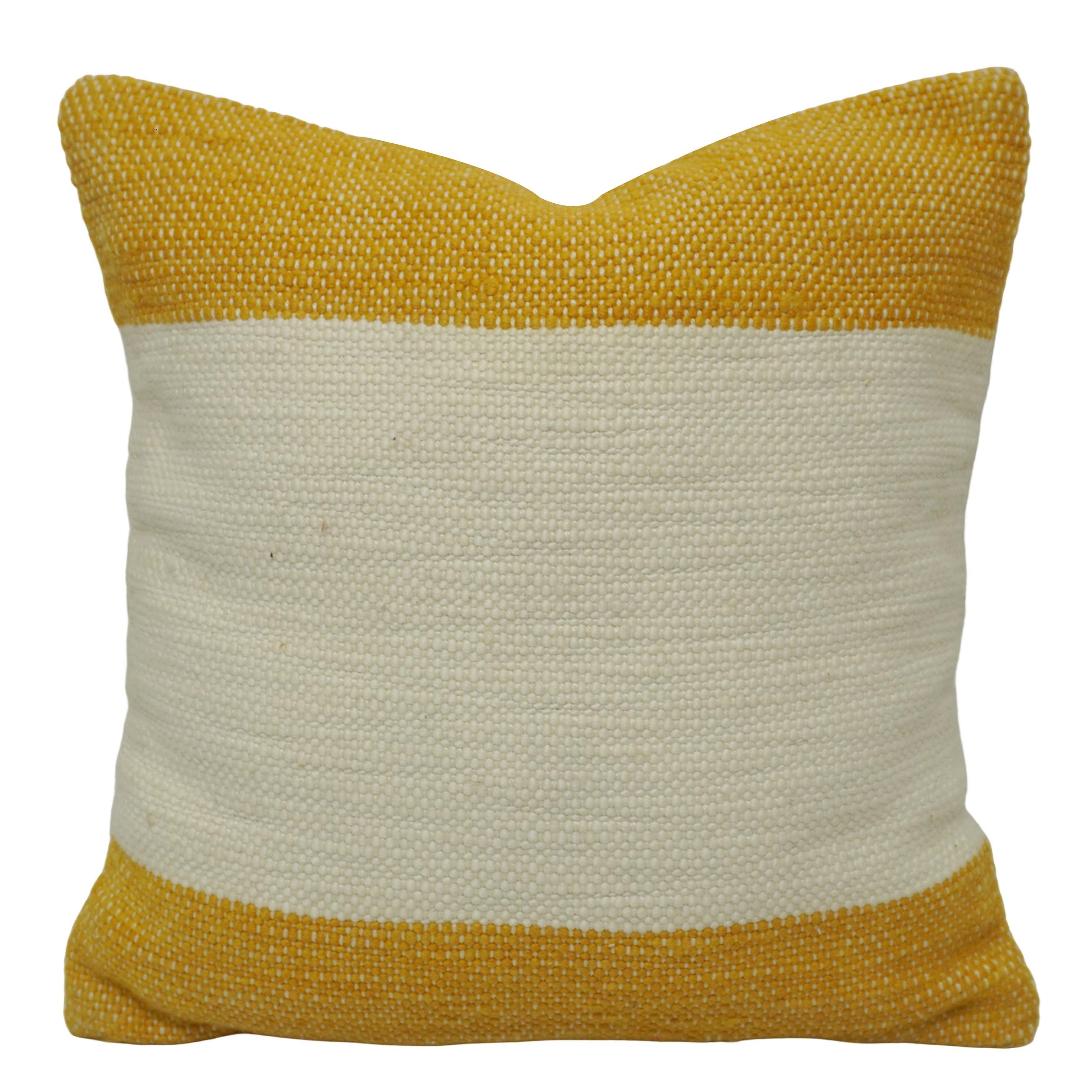 Handwoven Cotton Cushion Cover 45x45 cm | Mustard & Ivory Color Block Decorative Throw Pillow Cover | Modern Boho Sofa Cushion Cover with Hidden Zip