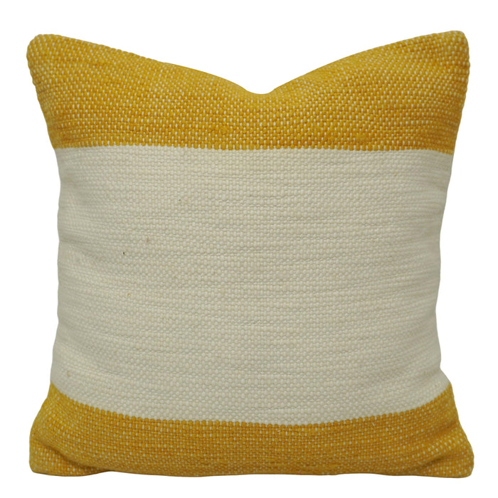 Handwoven Cotton Cushion Cover 45x45 cm | Mustard & Ivory Color Block Decorative Throw Pillow Cover | Modern Boho Sofa Cushion Cover with Hidden Zip
