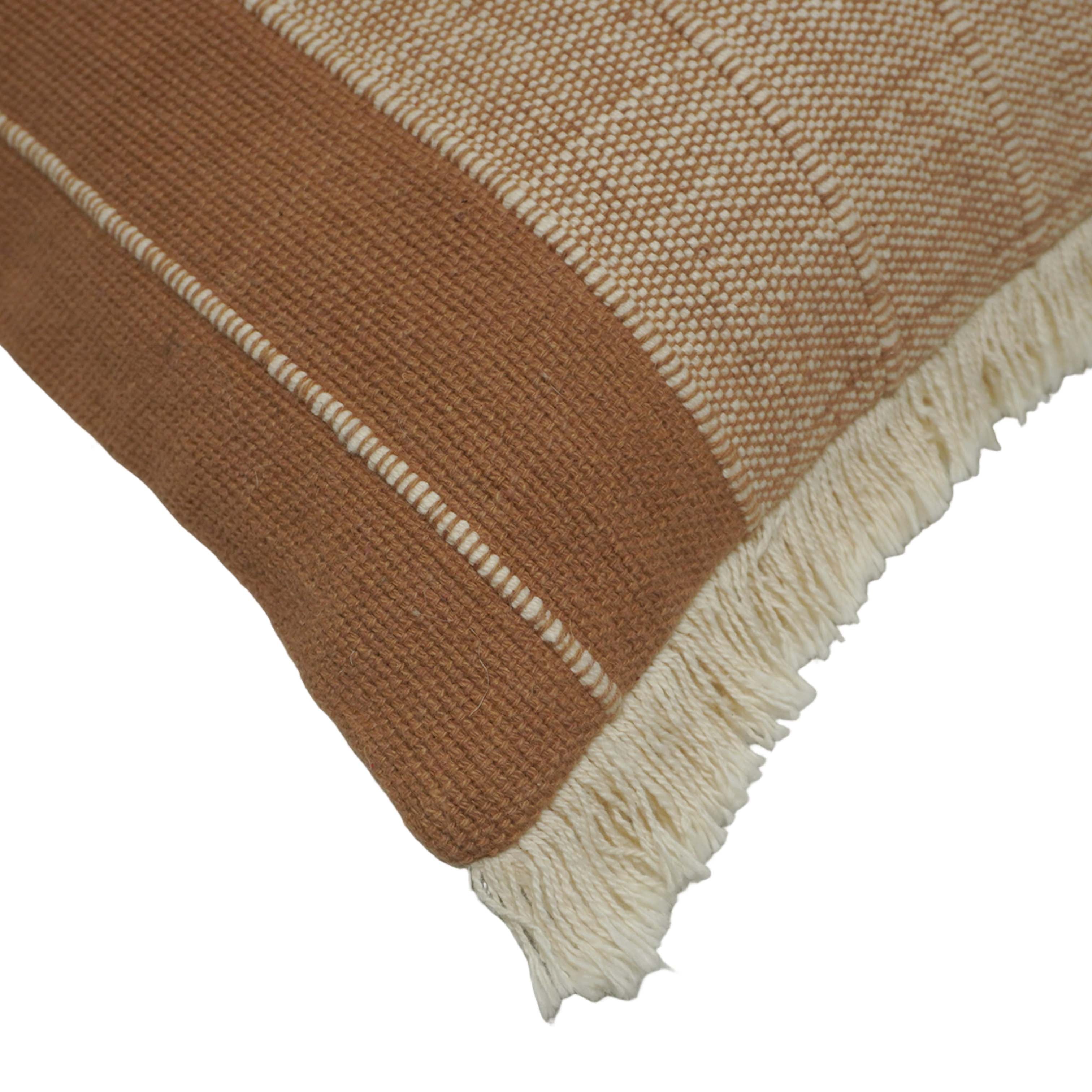 Handwoven Cotton Cushion Cover with Fringe Border | Textured Woven Stripe Design | 45 x 45 cm | Decorative Throw Pillow Cover for Sofa, Bed & Living Room