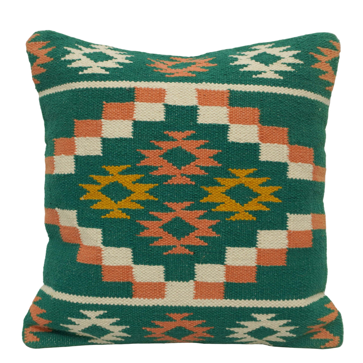 Handwoven Cotton Cushion Cover 45x45 cm – Geometric Tribal Pattern in Teal, Rust & Mustard