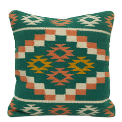 Handwoven Cotton Cushion Cover 45x45 cm – Geometric Tribal Pattern in Teal, Rust & Mustard