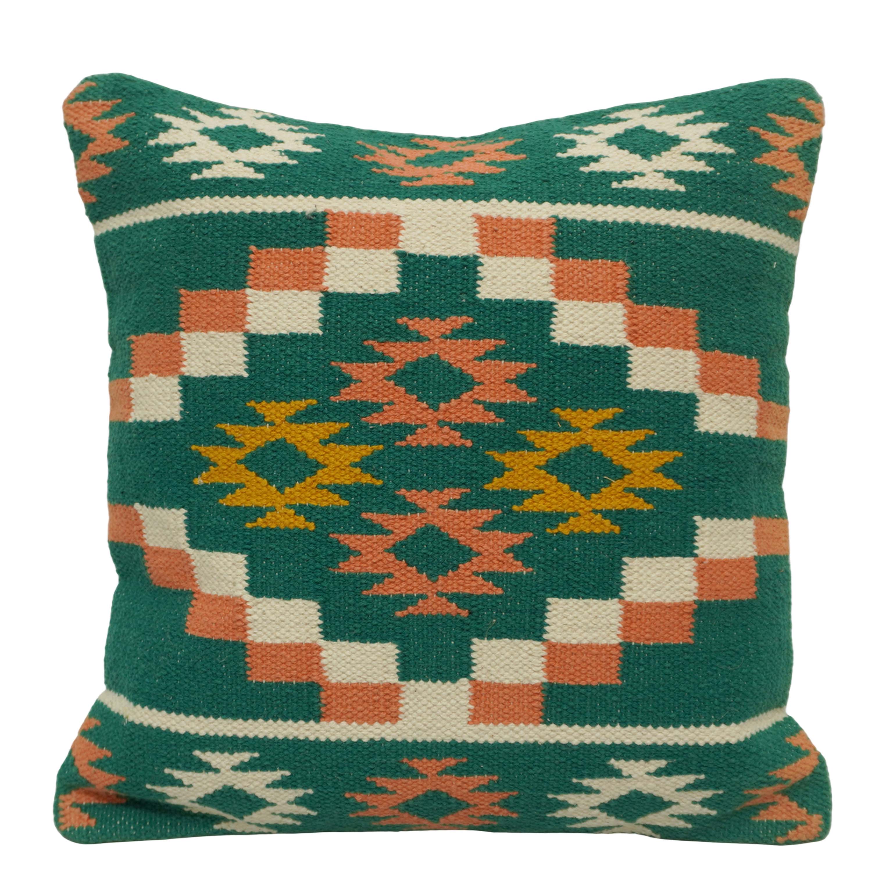 Handwoven Cotton Cushion Cover 45x45 cm – Geometric Tribal Pattern in Teal, Rust & Mustard