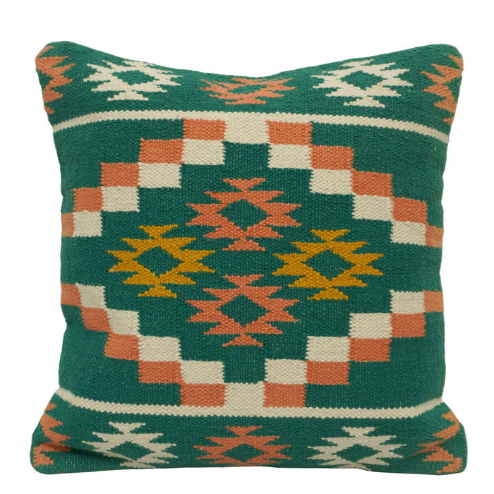 Handwoven Cotton Cushion Cover 45x45 cm – Geometric Tribal Pattern in Teal, Rust & Mustard