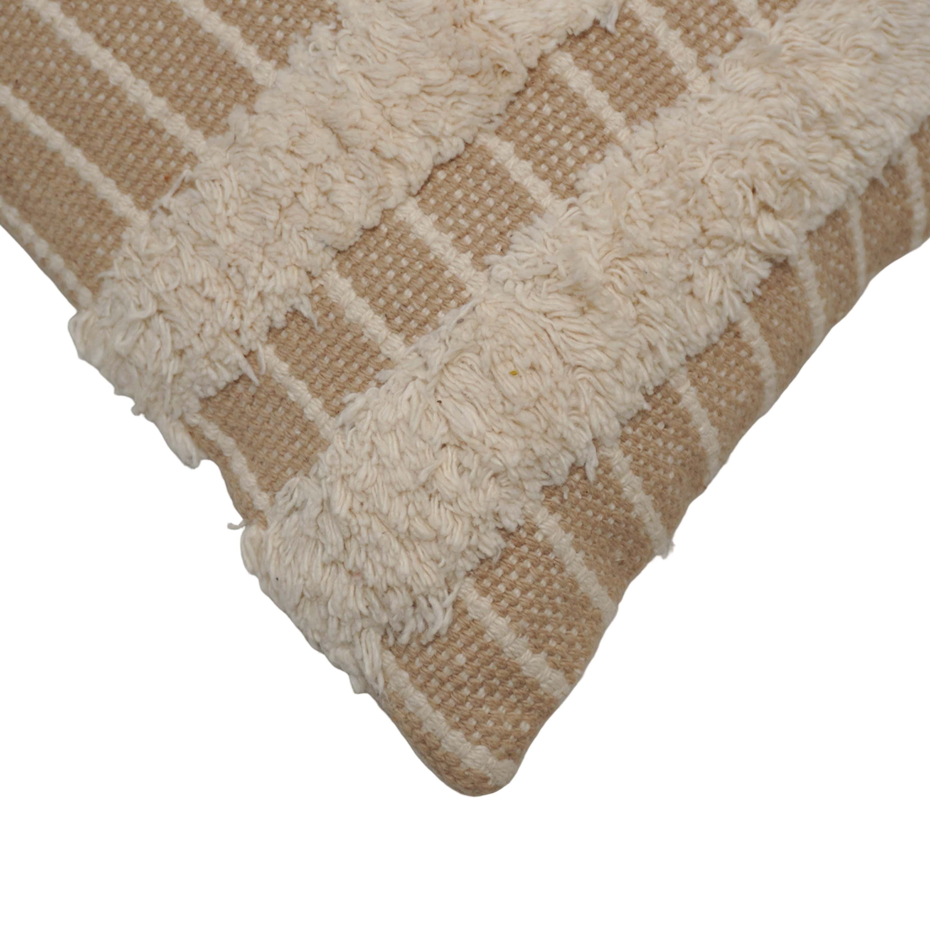 Handwoven Cotton Tufted Cushion Cover 45x45 cm | Beige & Ivory Striped Textured Throw Pillow Cover | Boho Farmhouse Decorative Cushion Cover
