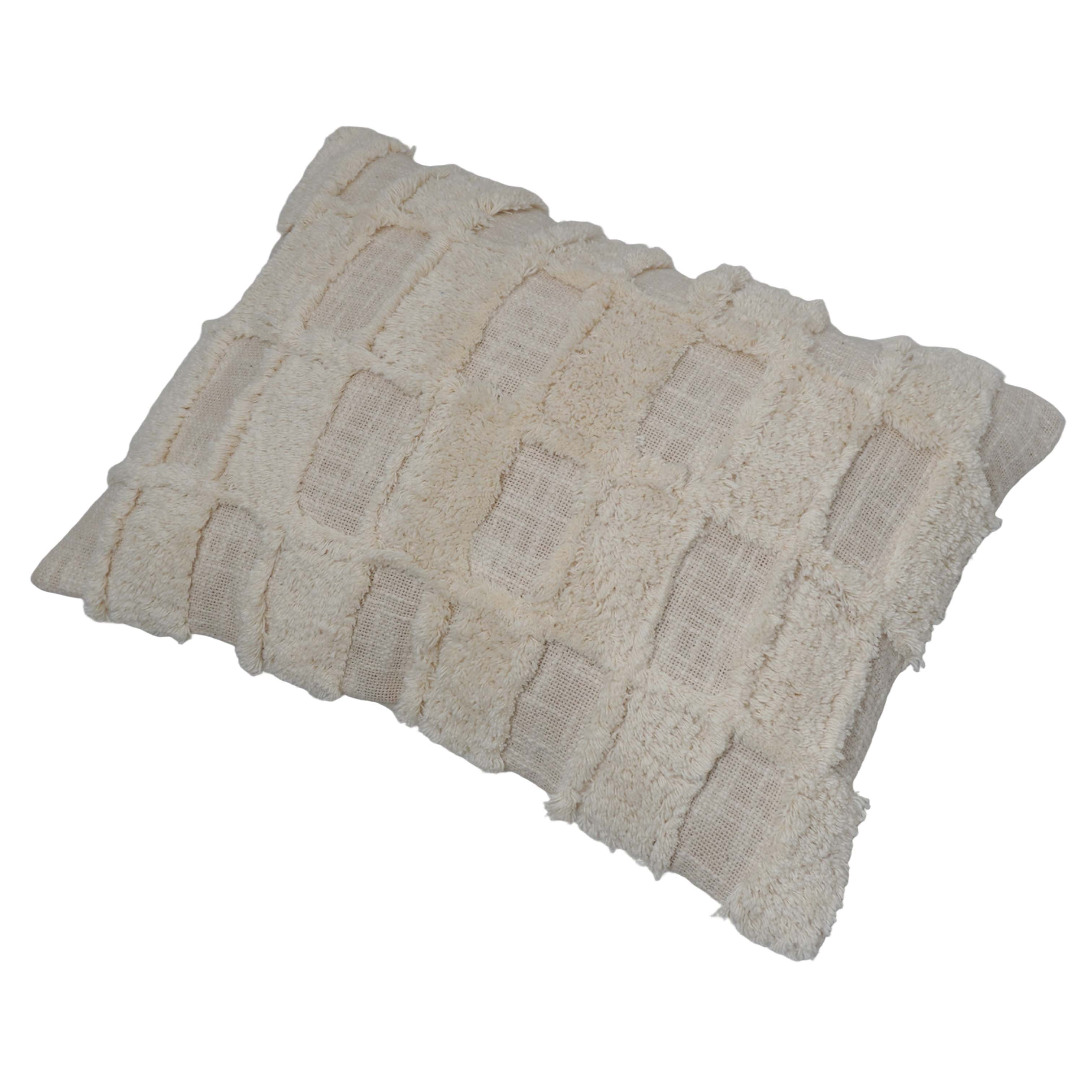 Handcrafted Cotton Tufted Cushion Cover 35 x 50 cm | Textured Checkered Boho Lumbar Pillow Cover | Soft Decorative Cushion Cover with Hidden Zipper | Ivory