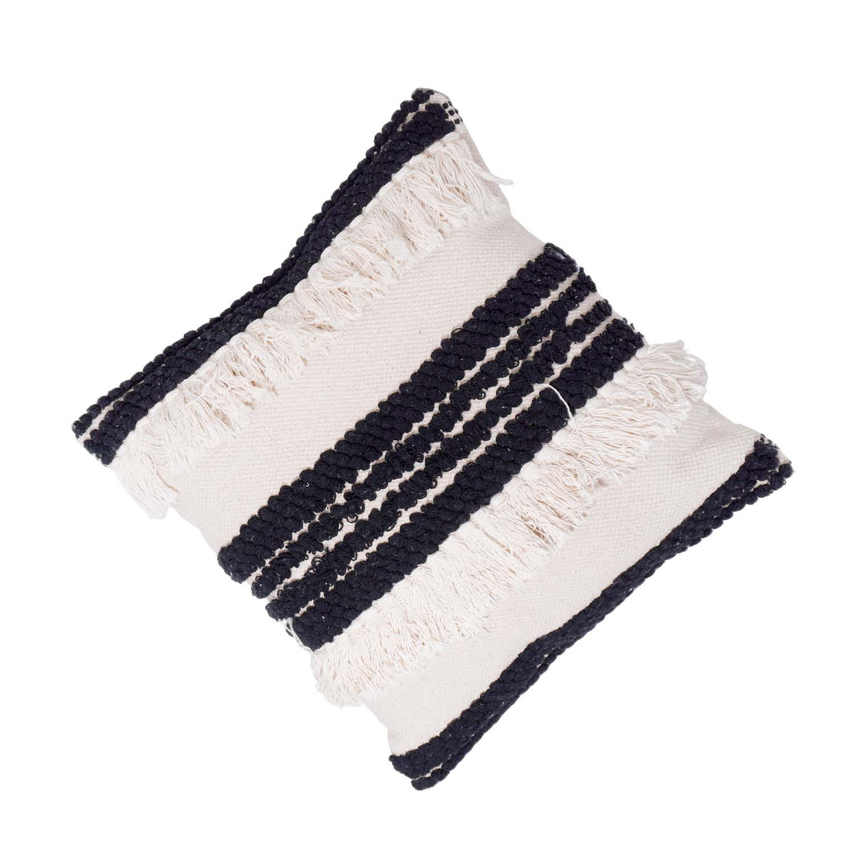 Handmade Cotton Fringe Cushion Cover 45x45 cm | Black & Ivory Textured Boho Throw Pillow Cover | Woven Decorative Cushion Cover - Bulk manufacturer & supplier from Panipat, India