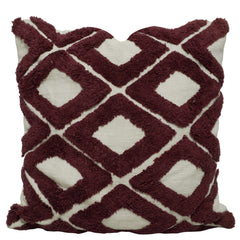 Hand Tufted Geometric Cotton Cushion Cover 45x45 cm | Textured Diamond Pattern | Decorative Throw Pillow Cover with Hidden Zip | Wine & Natural