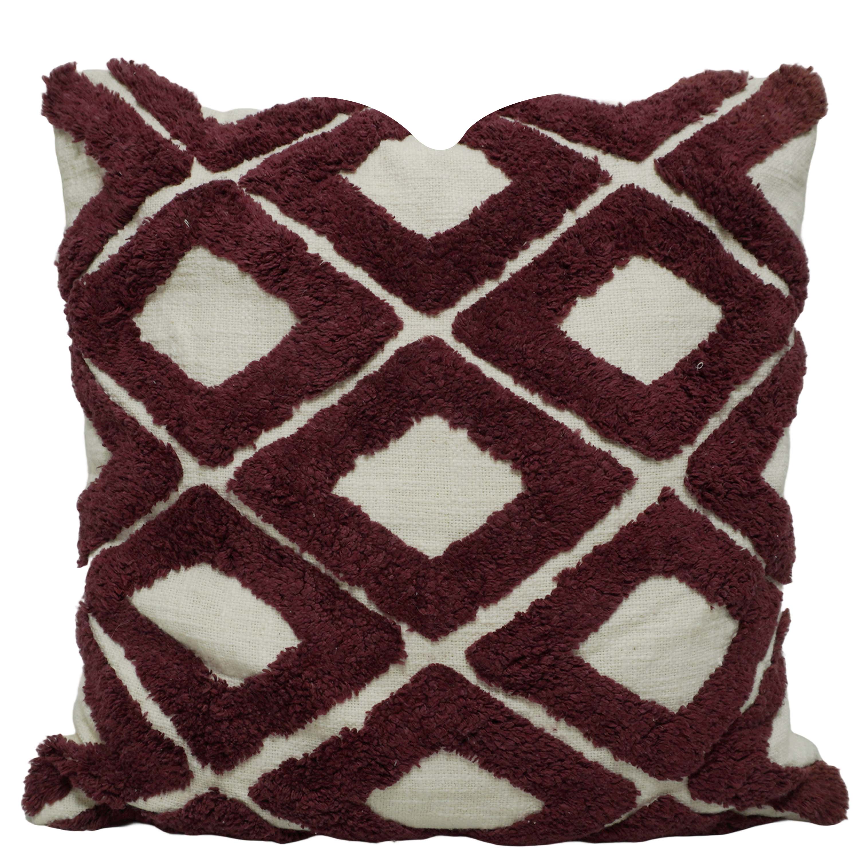 Hand Tufted Geometric Cotton Cushion Cover 45x45 cm | Textured Diamond Pattern | Decorative Throw Pillow Cover with Hidden Zip | Wine & Natural