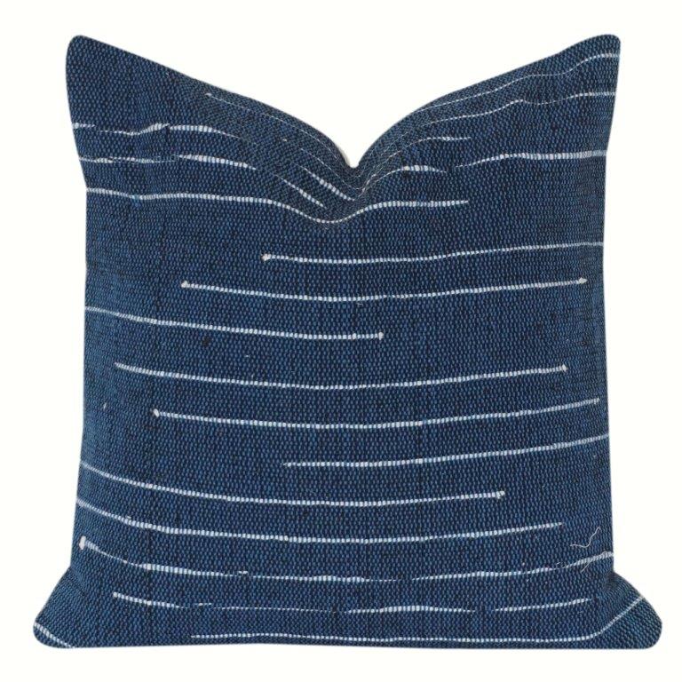 Handwoven Indigo Cotton Cushion Cover with Minimal Striped Design | 18x18 Inch Decorative Pillow Cover