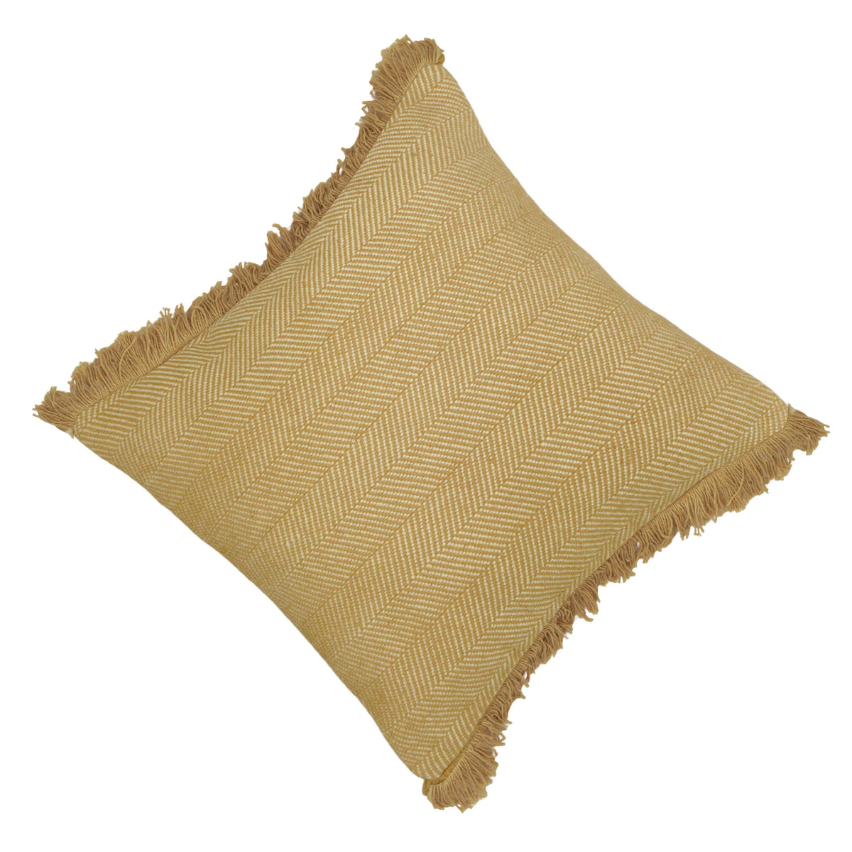 Handwoven Cotton Cushion Cover with Fringe Edges – Mustard Herringbone Pattern | 45 x 45 cm | Decorative Sofa & Bed Cushion Cover - Bulk manufacturer & supplier from Panipat, India
